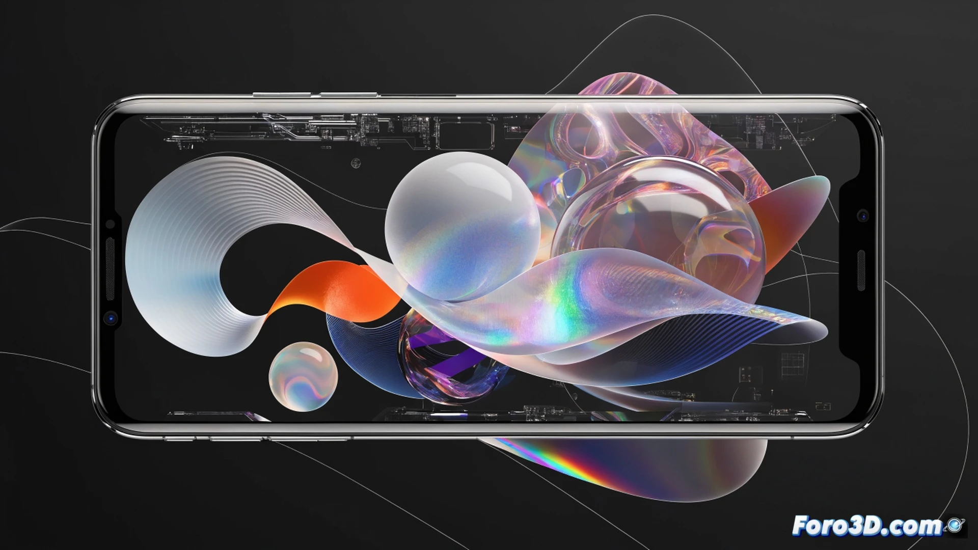 Smartphone Huawei con pantalla de bloqueo 3D mostrando capas de profundidad visual mientras un chip Kirin procesa datos en segundo plano, gráficos de rendimiento con flecha ascendente del 15% superpuestos en circuito de silicio, partículas de IA generativa fluyendo entre componentes internos, estilo cinematic engineering visualization, iluminación azul neón y dorada, texturas metálicas pulidas, transparencias de vidrio con reflejos holográficos, ultra-detallado render técnico fotorealista
