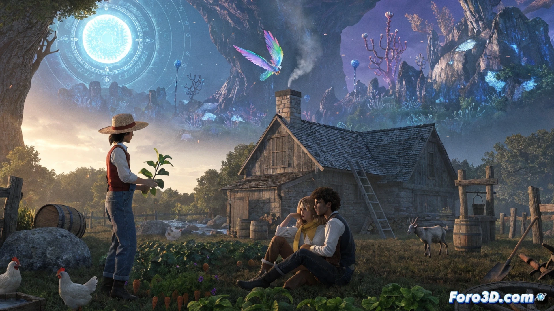 farmer character using a digital tablet to design crop layouts while a glowing holographic farm map floats nearby, robotic sheep with metallic wool grazing behind, wind turbines and solar panels powering the farm, open world terrain with mountains and a distant village visible, cinematic game engine visualization, soft golden hour lighting, particle effects from magical plant growth, realistic textures on soil and machinery, dynamic weather simulation with clouds moving, ultra-detailed farming tools and animal models, photorealistic technical render