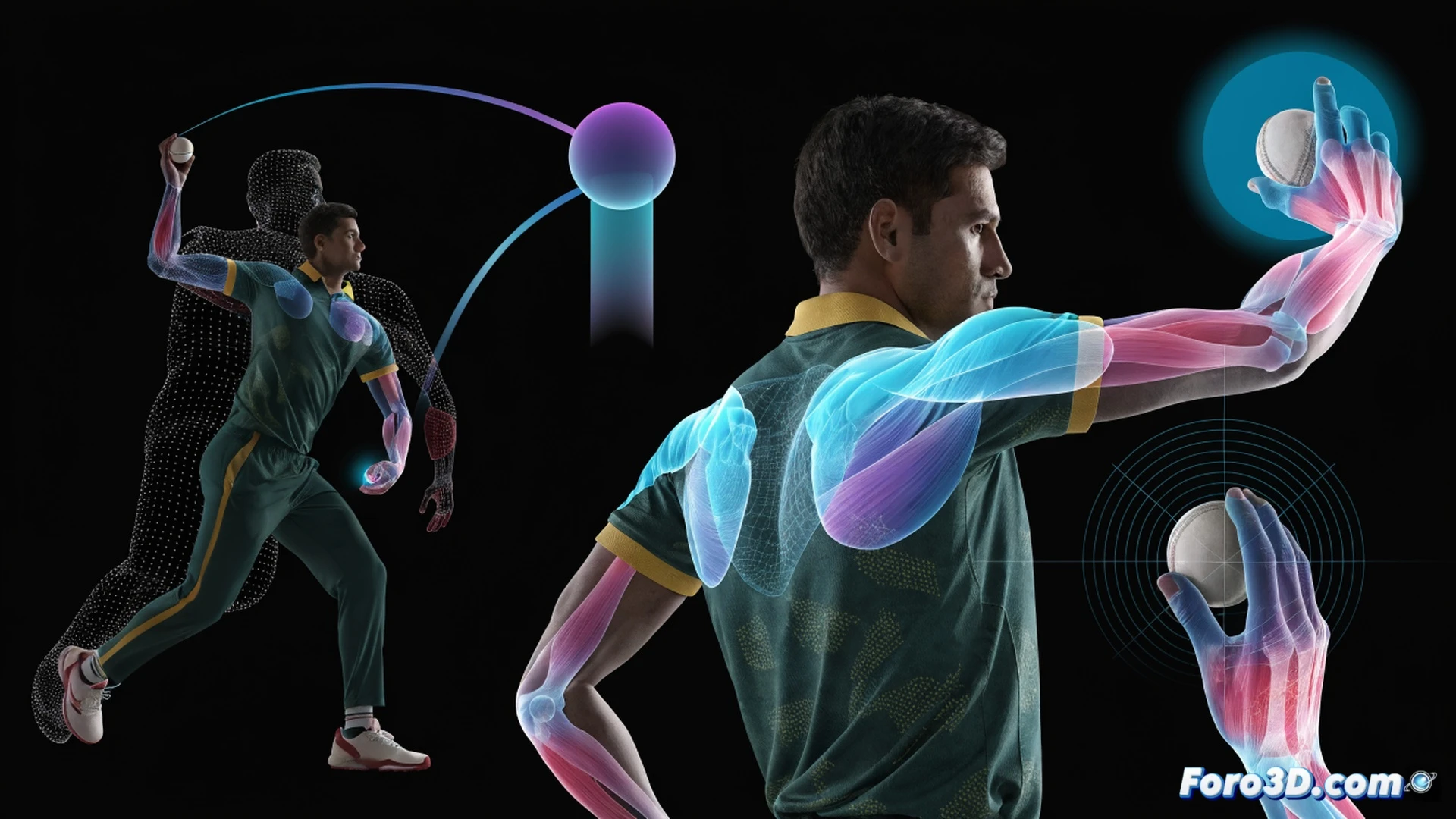 biomecánica 3D de lanzador de críquet bengalí en acción, rotación de hombro izquierdo en máxima extensión durante la entrega, ángulo de muñeca flexionado generando swing en la costura, líneas de fuerza y trayectoria de la pelota marcadas con vectores dinámicos, modelo esquelético semitransparente superpuesto mostrando cadena cinética, software de análisis deportivo con gráficos de torque articular y velocidad angular en pantalla flotante, fondo de estudio técnico con luces LED azules, estilo cinematic engineering visualization, texturas metálicas en la pelota y extremidades, motion blur en la mano soltando el balón, render fotorrealista con iluminación dramática