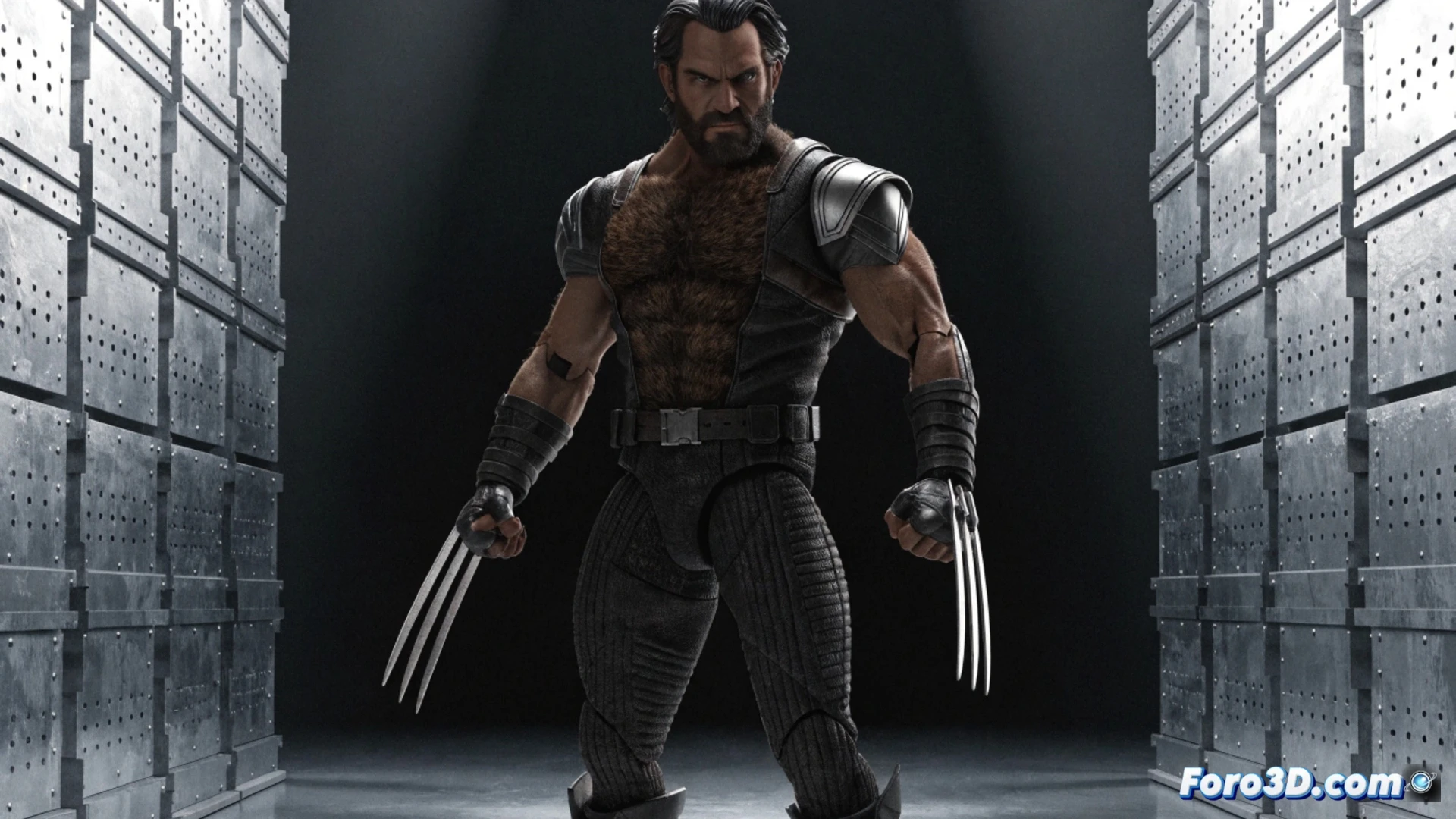 Marvel Legends action figure sculpting process, Cavillrine prototype on digital modeling workstation, 3D wireframe mesh showing detailed chest hair and stubble textures, articulated joints being adjusted during assembly, Hasbro design tools visible on screen, cinematic engineering visualization, glossy red and yellow costume highlights, metallic adamantium claws casting sharp reflections, dramatic studio lighting, ultra-detailed plastic surface with pore-level realism, photorealistic technical illustration