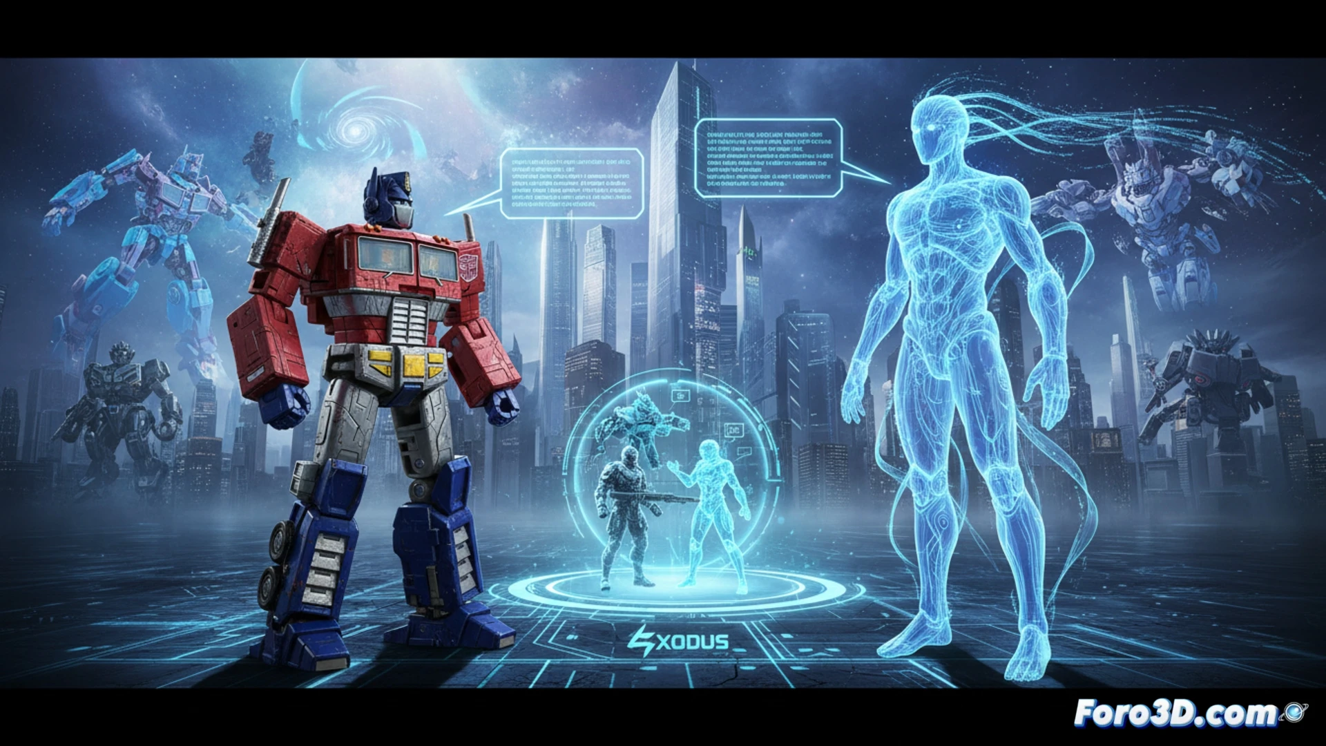Un robot Transformers discute con un niño mientras una ficha de Monopoly observa, todo sobre un tablero de juego iluminado por luces de IA.