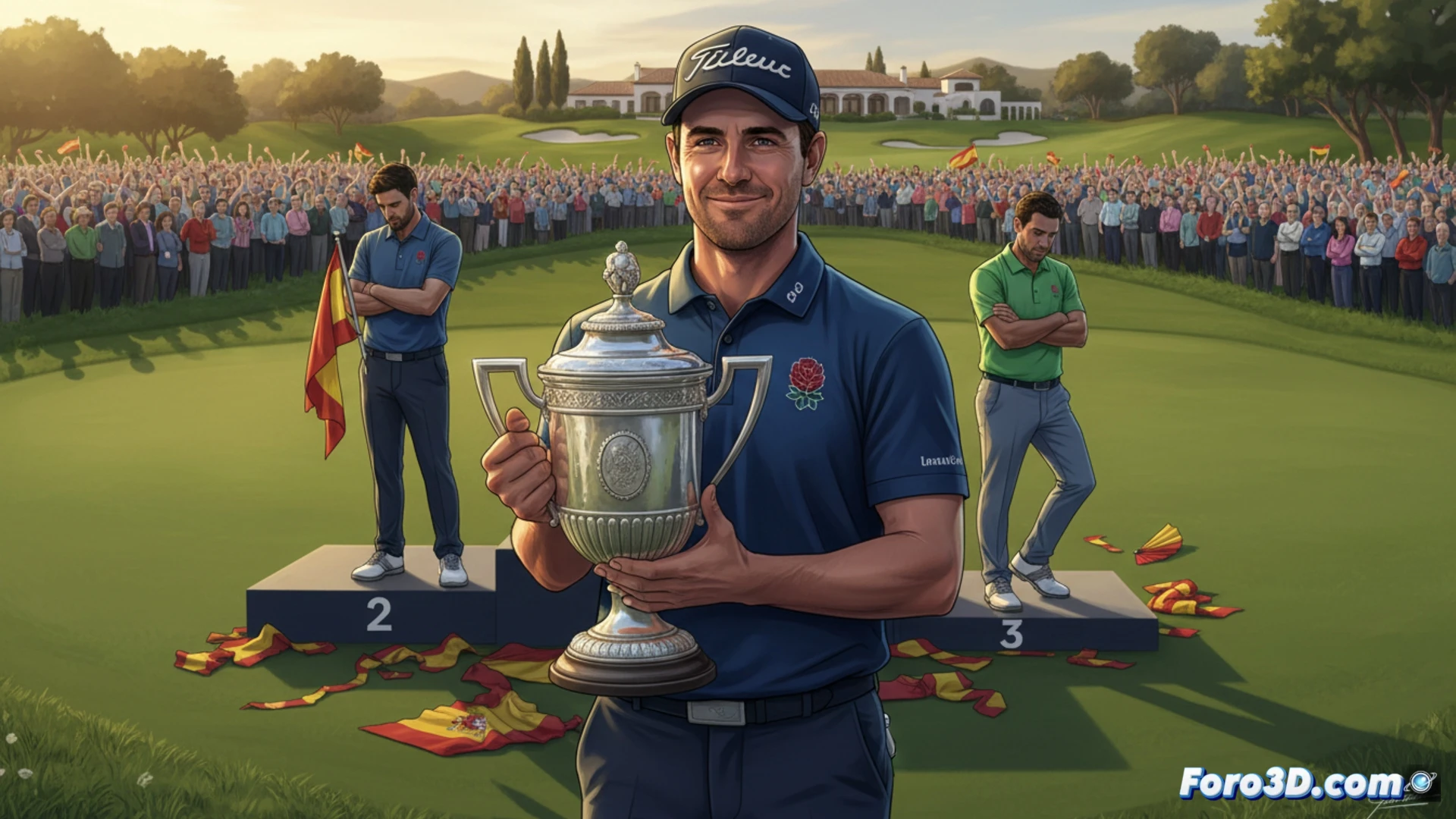 golfer Tyrrell Hatton swinging a driver on Valderrama green, ball mid-flight towards flag, Jon Rahm and Sergio García in background with clenched fists, crowd watching from hillside, scoreboard showing final leaderboard with Hatton on top, dramatic sunset lighting over Mediterranean pines, cinematic sports photography style, photorealistic detail on grass blades and club face, sweat droplets visible on Hatton s forehead, tension in Rahm s jawline, ultra-sharp focus on ball trajectory, warm golden hour glow with deep shadows, 8K technical quality