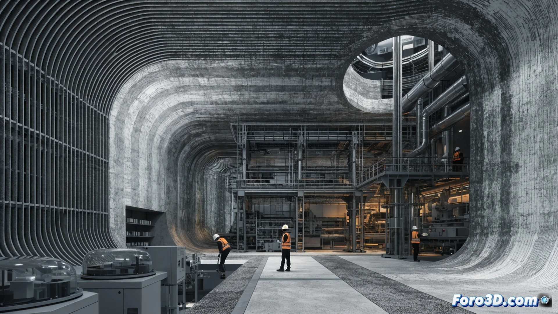 Large-scale 3D printer extruding curved concrete walls for a recycling center under construction, four workers in safety vests monitoring the automated process, robotic arm laying filament layers smoothly, no formwork visible, bright Portuguese sunlight casting sharp shadows on the freshly printed surface, raw cement texture contrasting with metallic printer gantry, action of vertical wall rising seamlessly, demonstrating speed and precision, photorealistic engineering visualization, industrial site with minimal scaffolding, dramatic wide-angle shot capturing the 500-square-meter footprint, ultra-detailed mechanical components, realistic construction scene