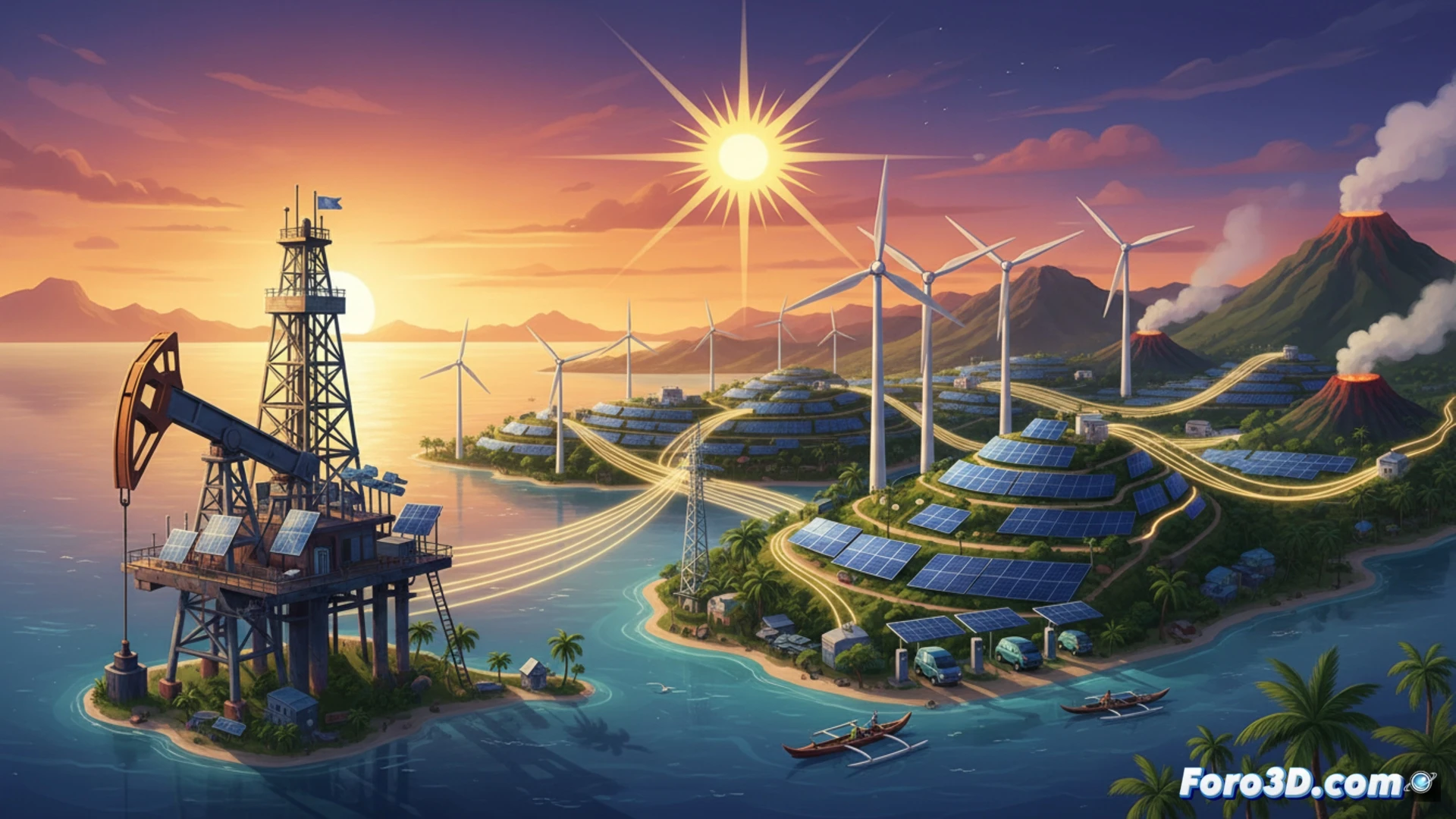Hawaiian island landscape split diagonally, left side showing dark oil refinery pipes and smoke stacks with imported fuel tanker ship offshore, right side revealing solar panel arrays on volcanic slopes, wind turbines spinning on ridgelines, geothermal steam vents piping energy to a modern grid substation, engineers inspecting photovoltaic inverter systems while drones survey transmission lines, cinematic engineering visualization, golden sunset lighting contrasting industrial haze with clean energy glow, photorealistic technical render, ultra-detailed infrastructure components