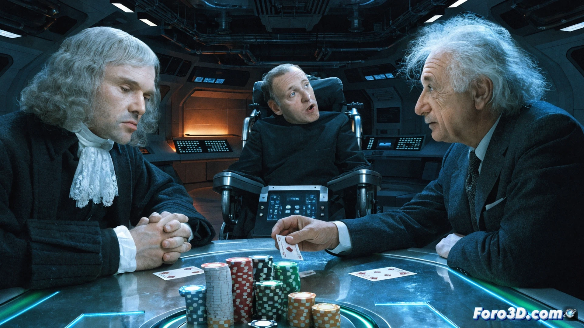 Stephen Hawking in a Starfleet uniform playing poker with holographic Isaac Newton and Albert Einstein, holodeck grid lines visible, data cards and chips on a circular table, Hawking’s hand reaching for a card while Einstein smirks and Newton examines his chips, classic poker table with green felt, holographic projection glows, wooden ship-style chairs, bridge-like background panels, cinematic lighting with soft blue ambient glow, photorealistic character details, action captured mid-game, respectful portrayal of intellectual leisure, dramatic shadows and reflections on polished table surface