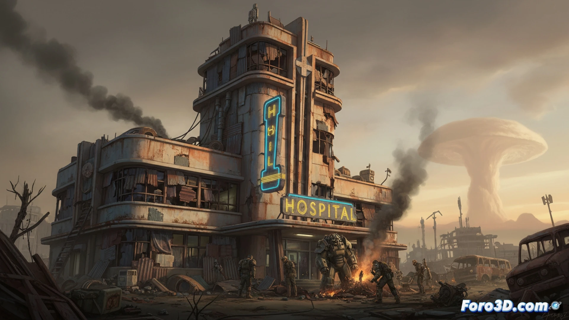 abandoned hospital interior reconstruction for Fallout season 2, VFX artists using motion capture rigs and holographic projection tools while a collapsed ceiling exposes twisted rebar and shattered retro-futuristic medical equipment, dust particles suspended in harsh sunlight beams, engineers adjusting particle simulation parameters on translucent touchscreen interfaces, cinematic post-apocalyptic visualization, photorealistic decay textures, glowing red emergency lights flickering, ultra-detailed concrete rubble and corroded metal, dramatic volumetric lighting, technical VFX pipeline demonstration