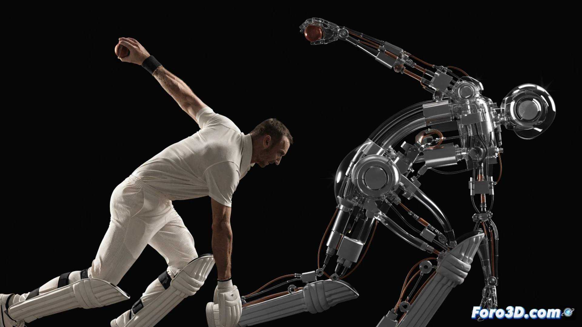 batsman facing a tall fast bowler in delivery stride, front arm high, back leg driving, ball release point at eye level, seam position angled toward fourth stump, pitch diagram showing off-stump line with bounce zone highlighted in red, motion capture skeleton overlay tracking shoulder rotation and hip-shoulder separation, force vectors from back foot through torso to fingertips, high-speed camera rigs around the crease, biomechanical analysis interface with joint angle data, cinematic engineering visualization, dramatic stadium lighting at golden hour, deep shadows emphasizing muscle tension, photorealistic technical render