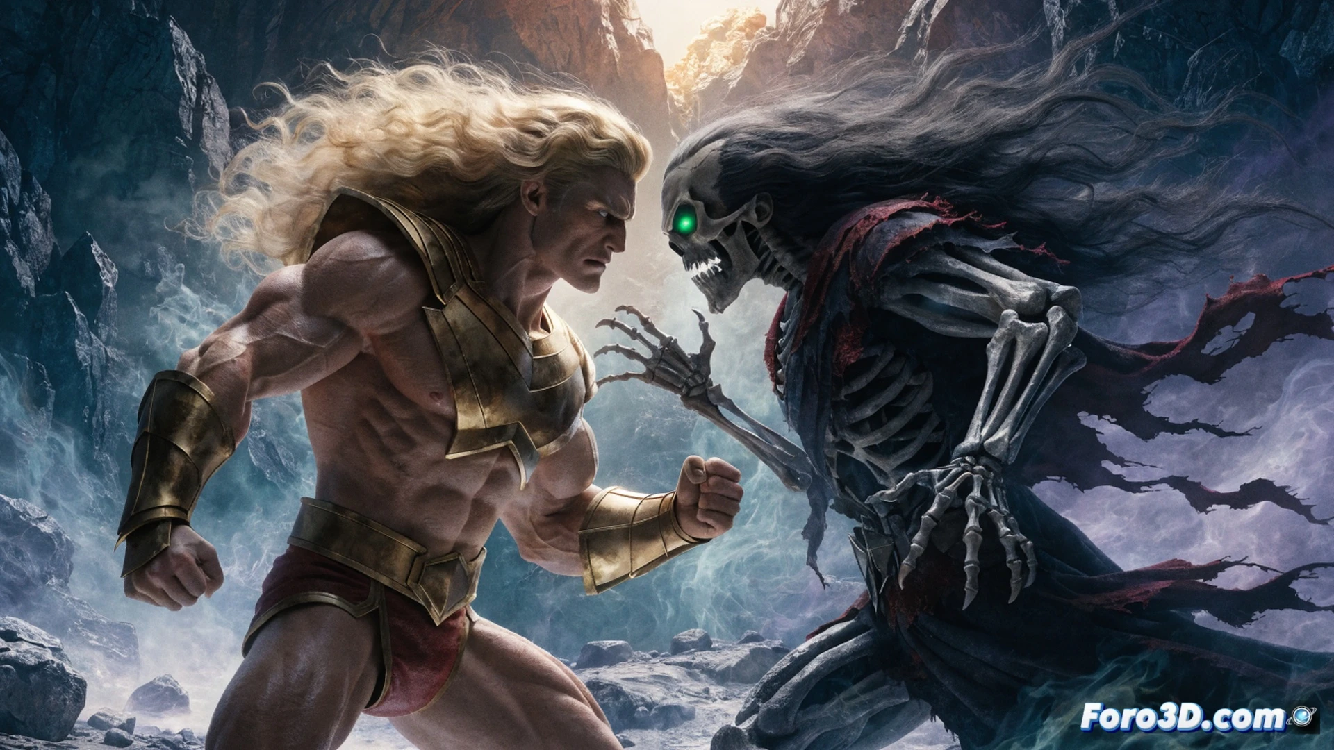 He-Man y Skeletor enfrentándose en un castillo tecnológico digital, rayos de energía impactando una interfaz de edición de video flotante, barras de progreso de renderizado y cronómetros de 4 minutos visibles en pantallas holográficas, engranajes y circuitos integrados en el fondo, estilo cinematográfico fotorrealista, iluminación dramática con destellos azules y rojos, acción congelada mostrando el choque de espadas mientras partículas de datos se dispersan, texturas metálicas detalladas, ambiente de laboratorio de animación digital