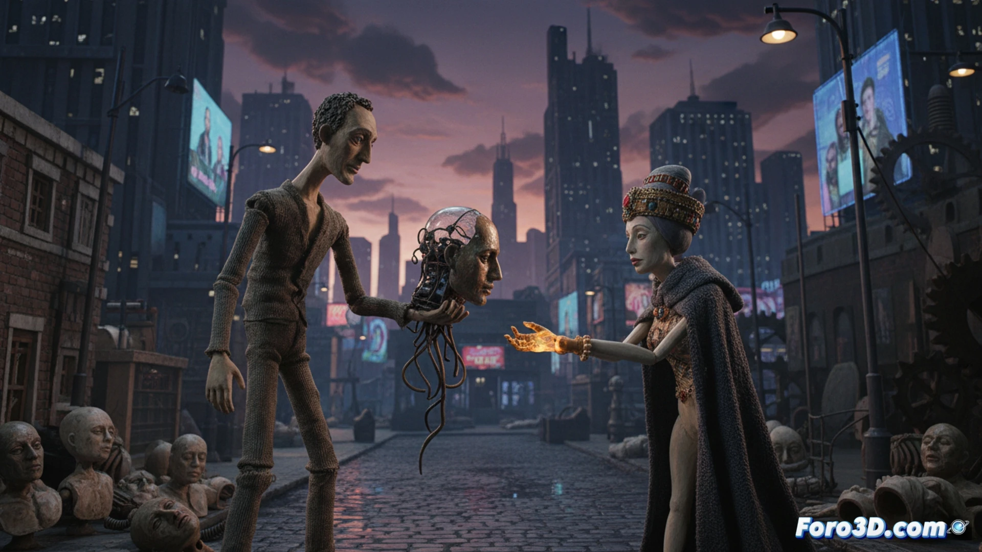 stop-motion animation scene showing a wealthy figure in a sterile white operating room receiving a head transplant, a poor person’s severed head being lifted by surgical robotic arms, glowing neural interfaces connecting to a metallic neck collar, visible stop-motion puppet textures with clay skin and wire joints, dramatic chiaroscuro lighting casting long shadows, clinical steel tools and hydraulic clamps on a tray, photorealistic technical illustration style, high detail on sutures and circuitry, cold blue and amber highlights, unsettling medical precision