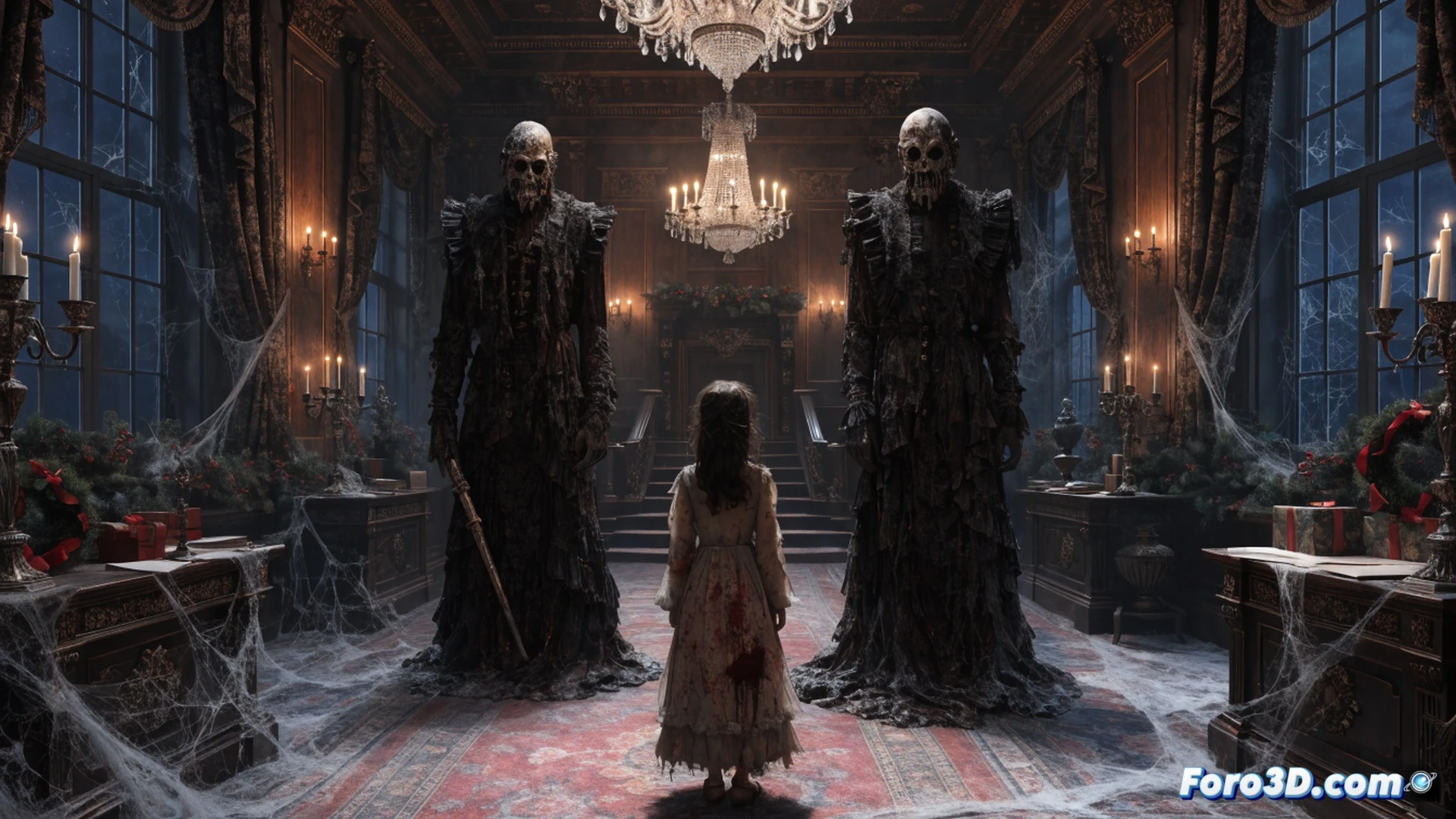 Gothic mansion interior during Christmas night, orphan girl clutching a flickering candle while ascending a spiral staircase, shadowy figures emerging from dark corners, cobweb-covered grandfather clock showing midnight, old mechanical gears visible through broken clock face, glowing emerald-green light seeping from a cracked wooden door, Victorian-era furniture covered in dust, falling snow visible through a shattered stained-glass window, cinematic gothic horror illustration, dramatic low-angle perspective, cold blue and warm amber lighting contrast, ultra-detailed wood grain and stone textures, photorealistic horror art style with painterly brushstrokes