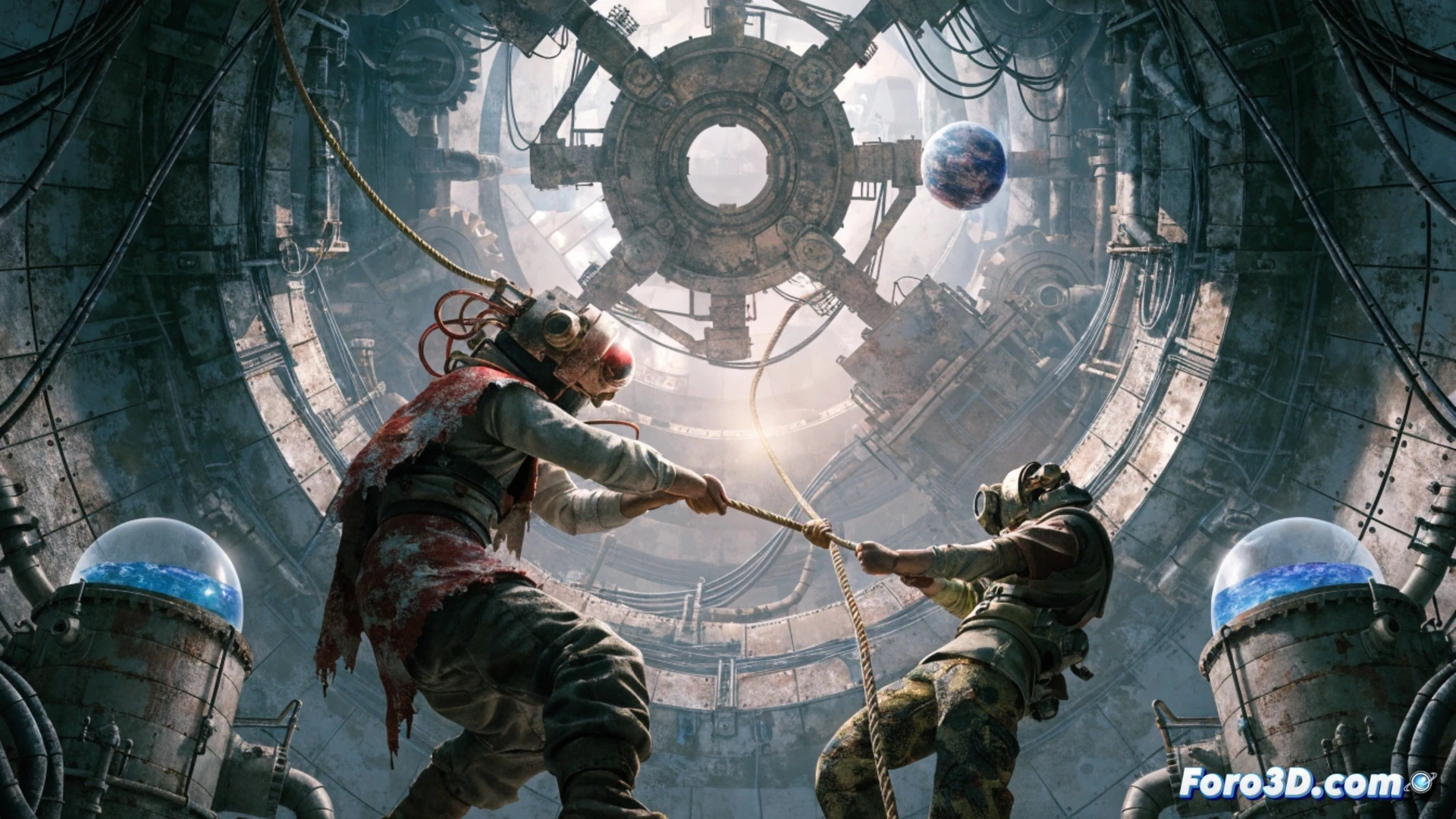 Four cartoon characters dangling from a collapsing wooden bridge over a bottomless chasm, two players gripping each other’s ankles while a third swings on a rope toward a distant platform, one character losing grip and falling into mist below, bright colorful art style with exaggerated physics, dynamic poses, motion lines showing swinging arcs, stylized low-poly environment, vibrant neon accents on character outfits, arcade-party game aesthetic, chaotic cooperative action scene, bright daylight sky with fluffy clouds, wide-angle composition capturing all four characters in mid-action, no text or numbers visible, clean vector-like rendering with soft shadows.