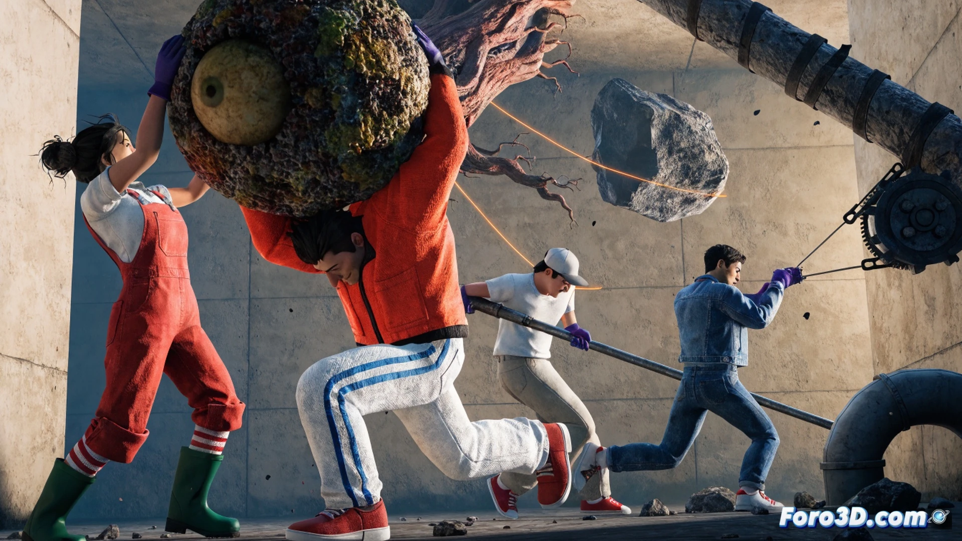 four cartoon characters gripping ropes on a chaotic platform, one player slipping off a ledge while another accidentally swings into a third, absurd physics causing limbs to flail and disconnect mid-air, colorful hazard zones and spinning gears in the background, Nintendo Switch and PC monitor faintly visible on a messy desk in the background, demo interface with Steam overlay partially shown, cinematic game-action style, vibrant arcade lighting, exaggerated cartoon proportions, dynamic motion blur, technical illustration of cooperative failure, photorealistic game-art render