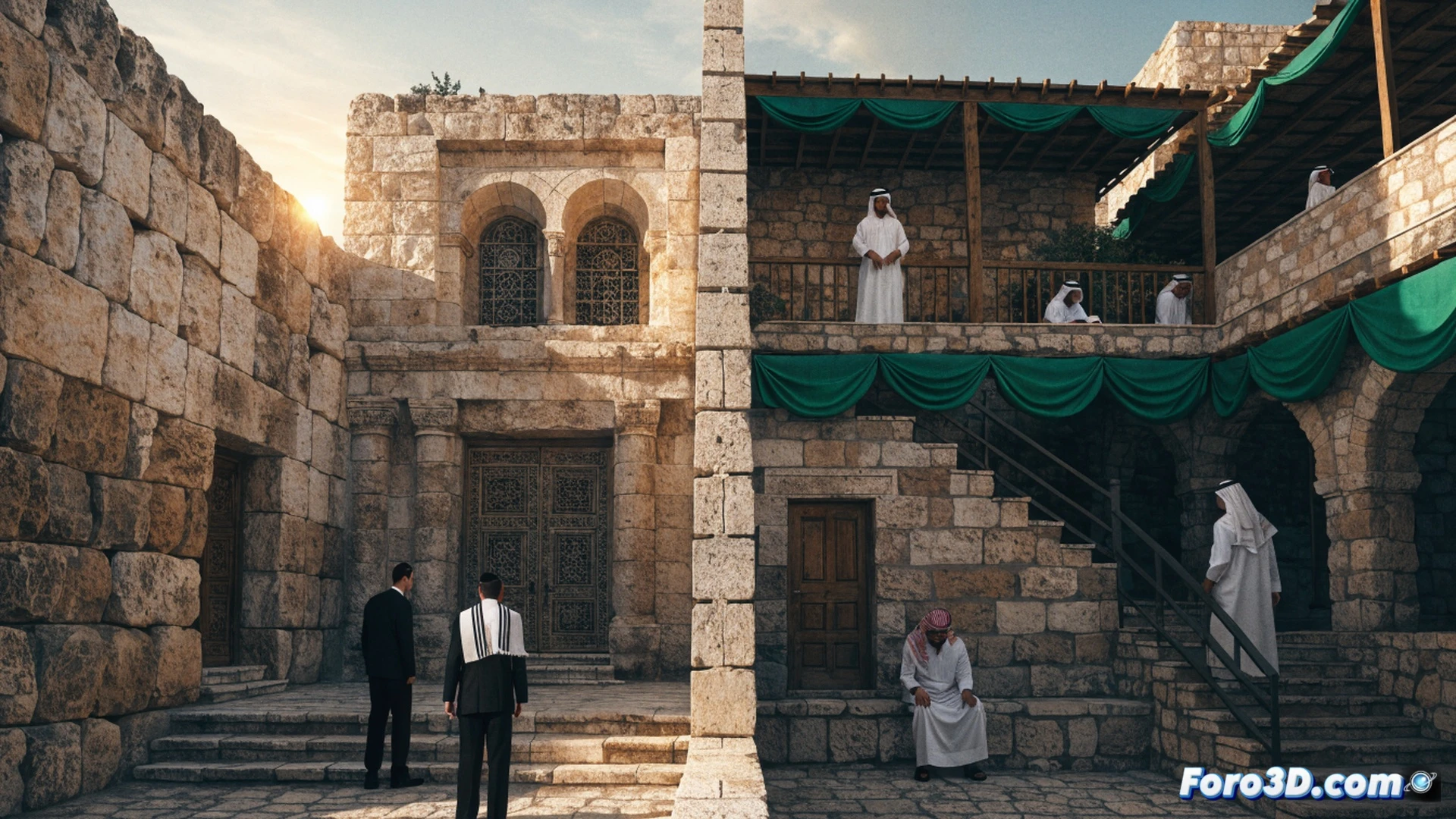 Ancient stone chamber divided by a transparent bulletproof barrier, bearded Orthodox Jewish man praying at Torah scroll on one side, elderly Muslim man kneeling on prayer rug on opposite side, security cameras monitoring both entrances, worn limestone walls with carved Arabic and Hebrew inscriptions, heavy metal gates partially open, dust particles floating in shafts of sunlight, cinematic documentary style, photorealistic architectural interior, dramatic chiaroscuro lighting, tense atmosphere, ultra-detailed stone textures, wide-angle lens perspective