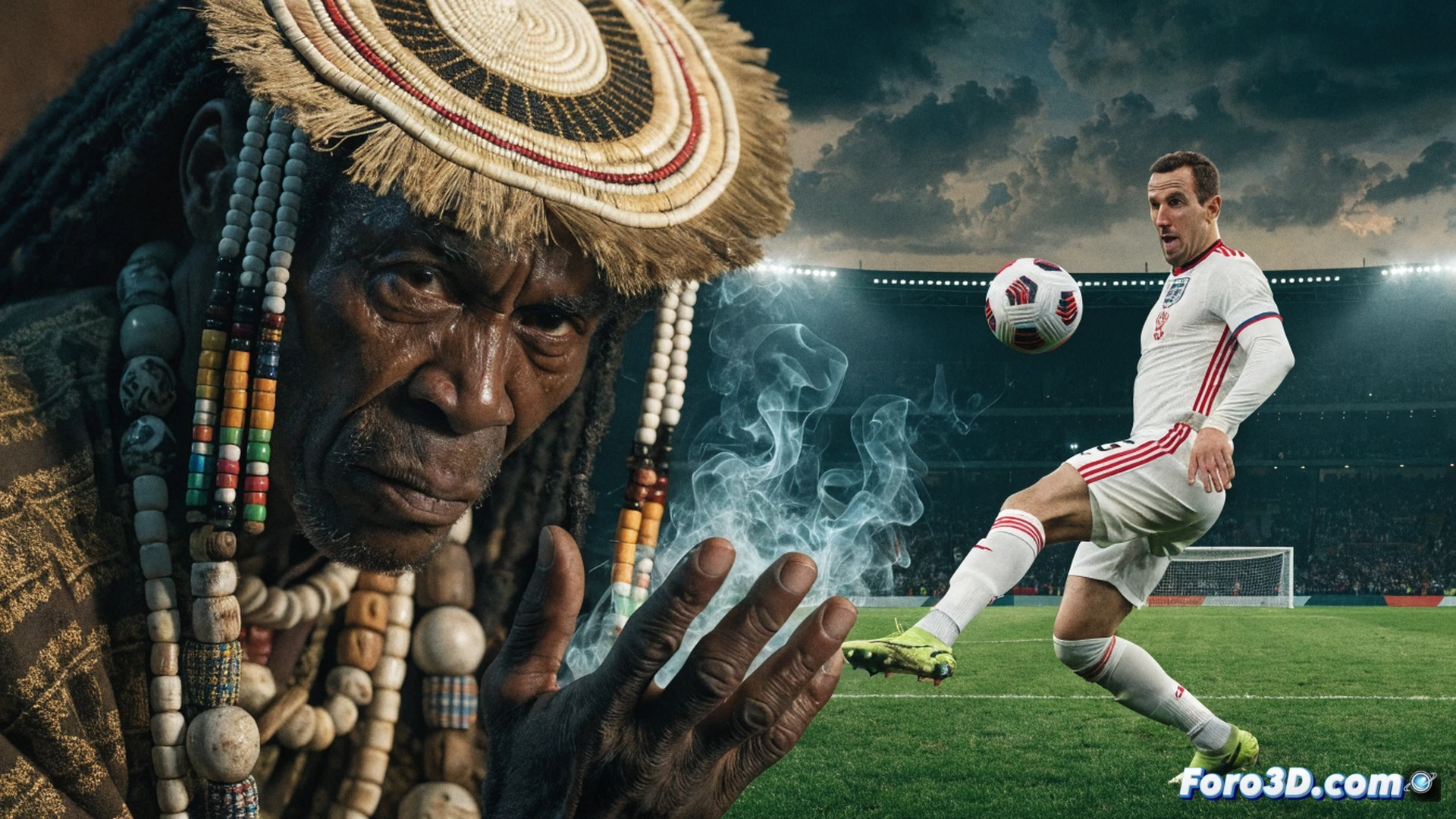 African spiritual ritual scene showing a witch doctor in traditional red and black robes performing a symbolic unbinding ceremony over a floating holographic football player silhouette, glowing green energy tendrils being pulled away from the player's foot, a transparent digital projection of a goalpost with crossed-out ball trajectory lines, traditional wooden fetish objects and animal skulls arranged on a dirt floor, smoky atmosphere with incense rising, a laptop with football match statistics displayed on screen in the background, cinematic photorealistic style, dramatic side lighting from fire torches, ultra-detailed textures on ceremonial beads and feathers, mystical green and gold color palette, high contrast shadows, motion blur on the spiritual energy streams