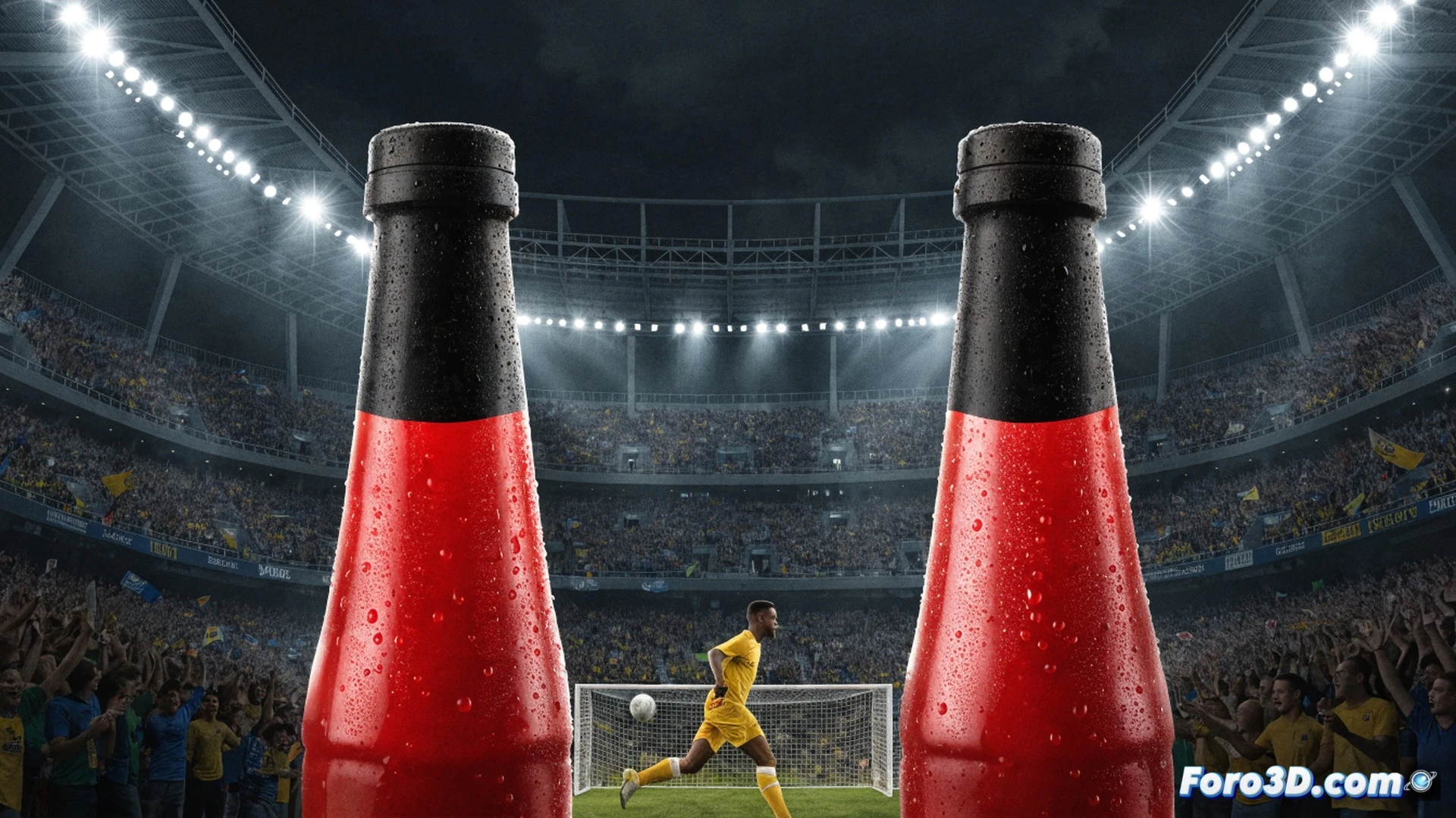 Botella de ketchup con etiqueta negra cubriendo el logo original, durante un partido de fútbol en un estadio lleno, aficionados gritando y agitando banderas, la botella colocada sobre una mesa técnica con cables y monitores mostrando métricas de redes sociales, mientras una mano sostiene un smartphone grabando la escena, estilo cinematic photorealistic, iluminación de estadio con focos amarillos y sombras profundas, reflejos metálicos en la tapa, textura rugosa de la etiqueta opaca, fondo borroso con césped y gradas, ultra detallada.