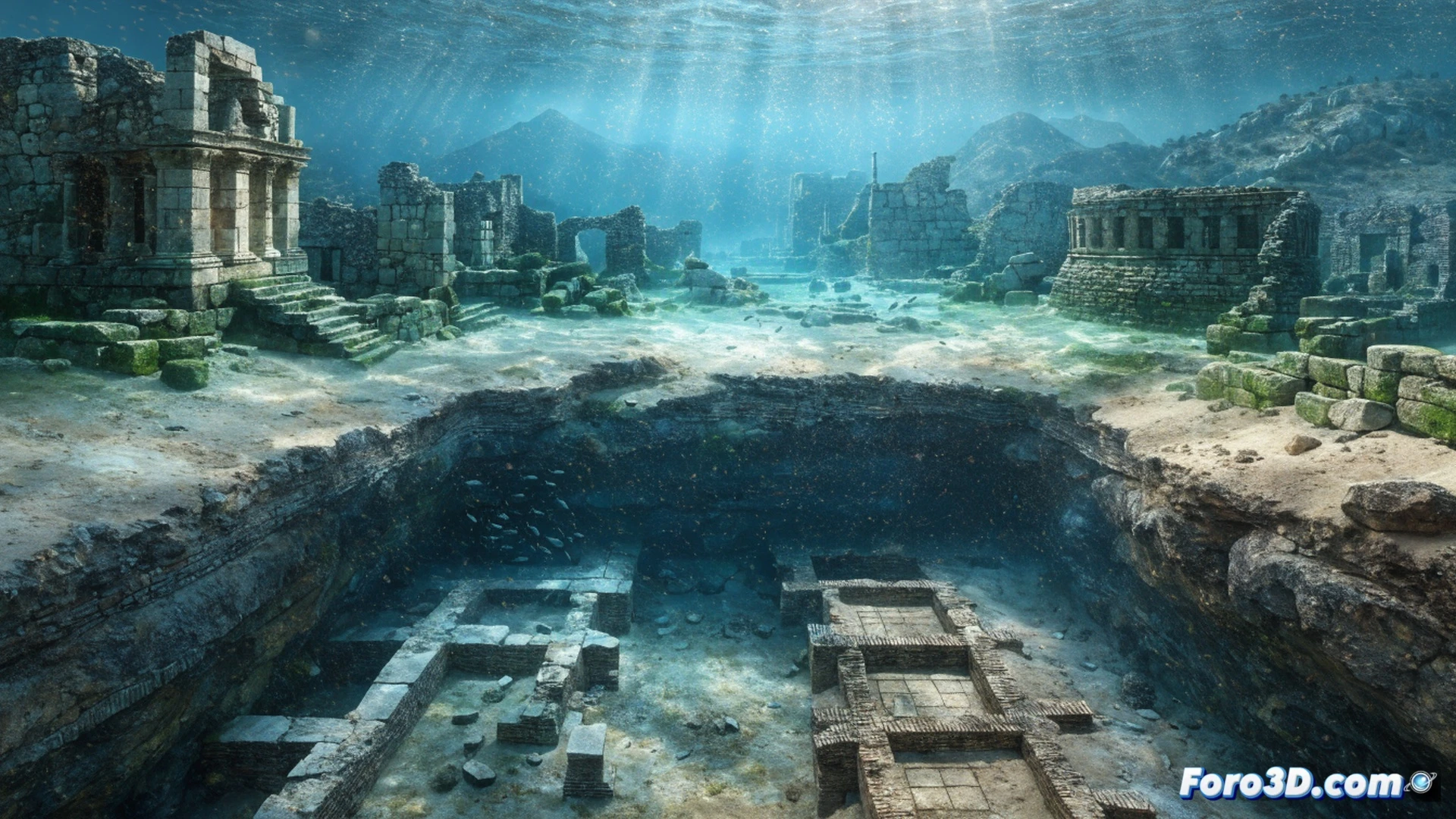 Ancient Greek city of Heliké collapsing into the sea during a 373 BC earthquake, marble temples and stone buildings fracturing and sinking into churning waves, tsunami sweeping through colonnades and market squares, submerged ruins being unearthed by modern archaeologists using ground-penetrating radar and excavation tools, divers exploring underwater columns and broken statues, sediment layers lifting to reveal buried foundations, cinematic photorealistic visualization, dramatic stormy sky, dark ocean depths, lightning illuminating destruction, ultra-detailed stone textures, historical accuracy in Greek architecture, epic scale of disaster, technical archaeological illustration style