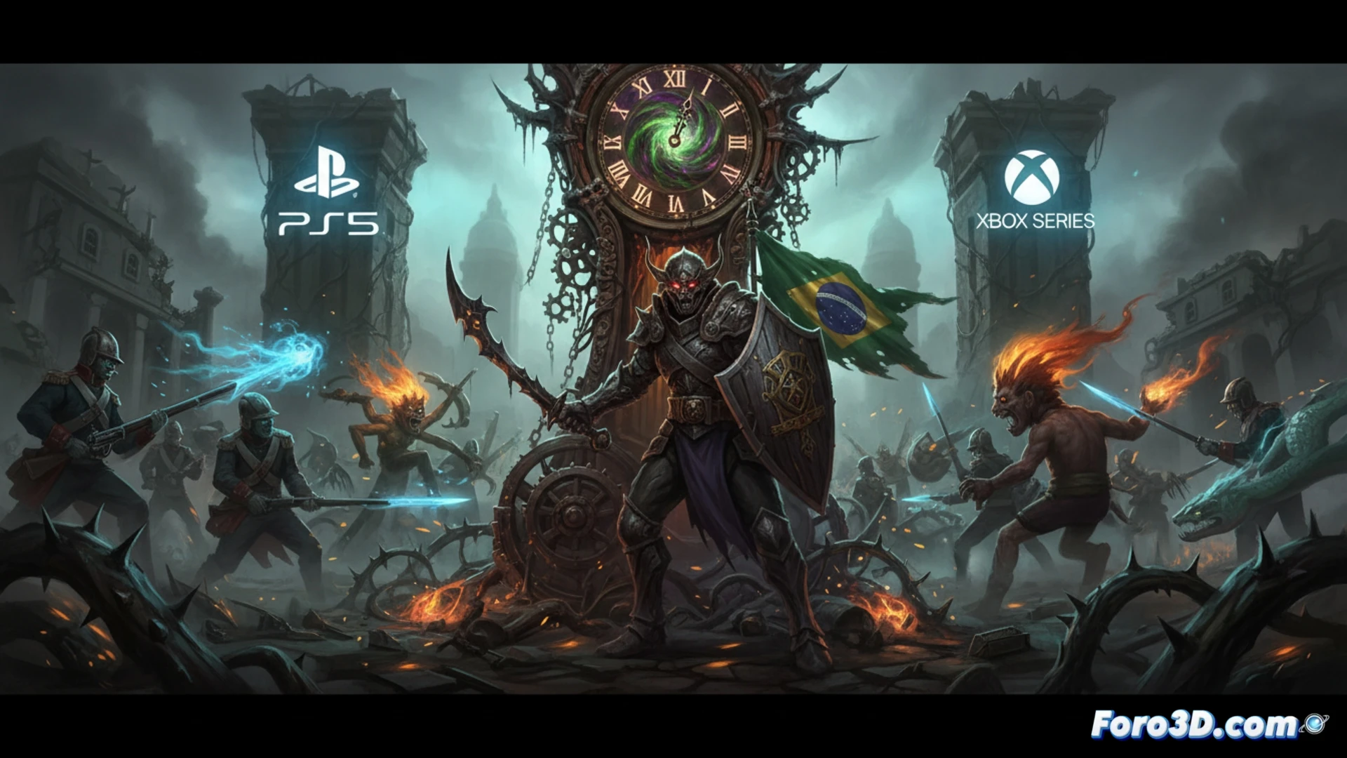 Brazilian folklore monster with mechanical clock face embedded in its chest, swinging a cursed war saber through a Paraguayan jungle battlefield, blood-red hourglass sand spilling from its wounds, cinematic photorealistic rendering, dark oppressive atmosphere, glowing green eyes, vine-covered stone ruins in background, motion blur on sword swing, sparks from blade hitting ancient armor, ultra-detailed skin textures, dramatic volumetric lighting through jungle canopy, particle effects of cursed dust floating in air, horror action game visual style