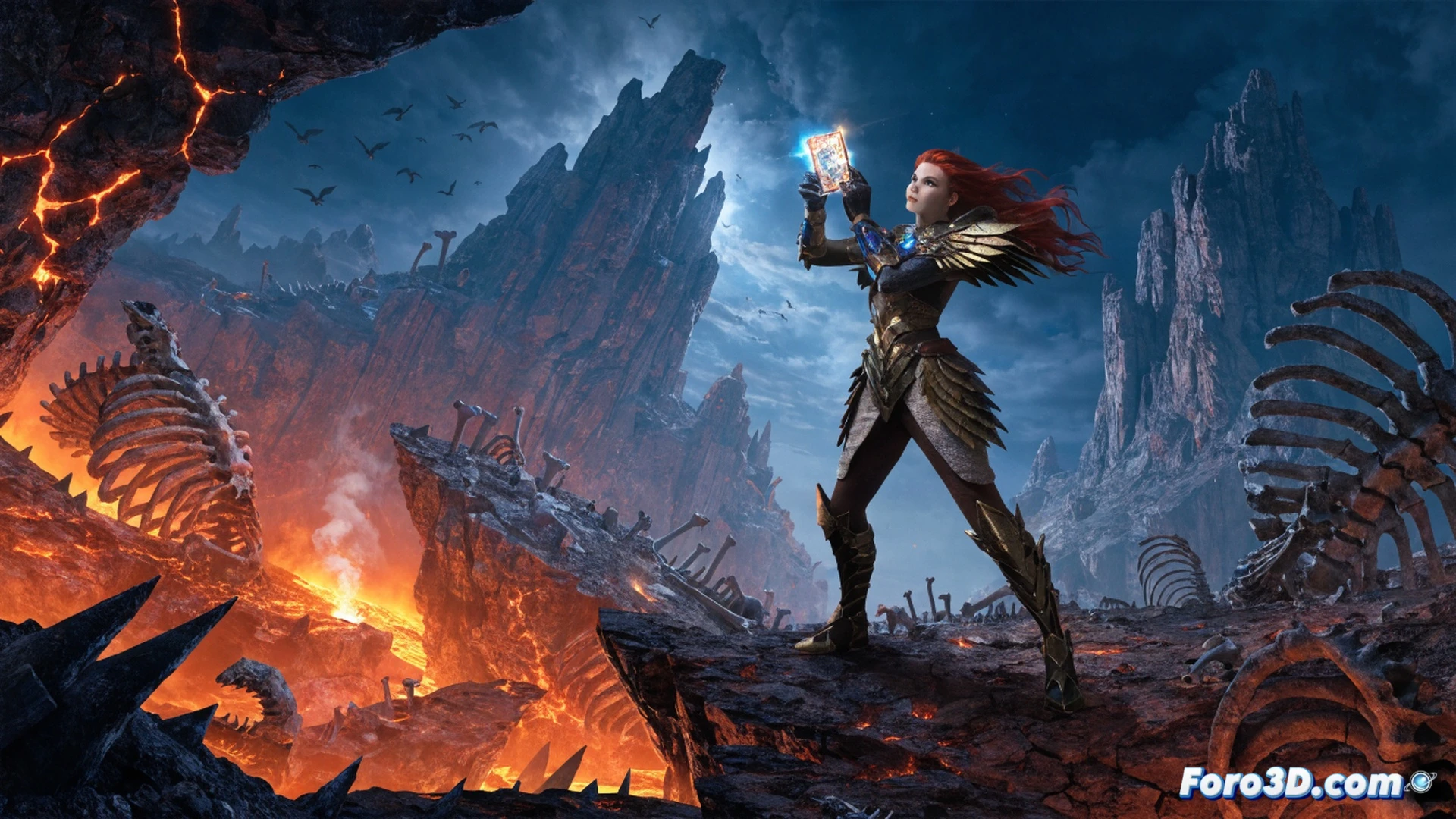hell maiden protagonist standing on cracked obsidian ground in a burning inferno, holding a glowing sword and a floating deck of cards mid-combo, three winged demons charging forward while a fiery portal opens behind them, tactical card effects manifesting as light beams striking enemies, dust and ember particles rising, cinematic action scene, dramatic low-angle perspective, intense red and orange lighting, dark gothic sky with swirling clouds, photorealistic fantasy render, ultra-detailed armor and weapon textures, motion blur on demon claws, glowing card symbols in the air