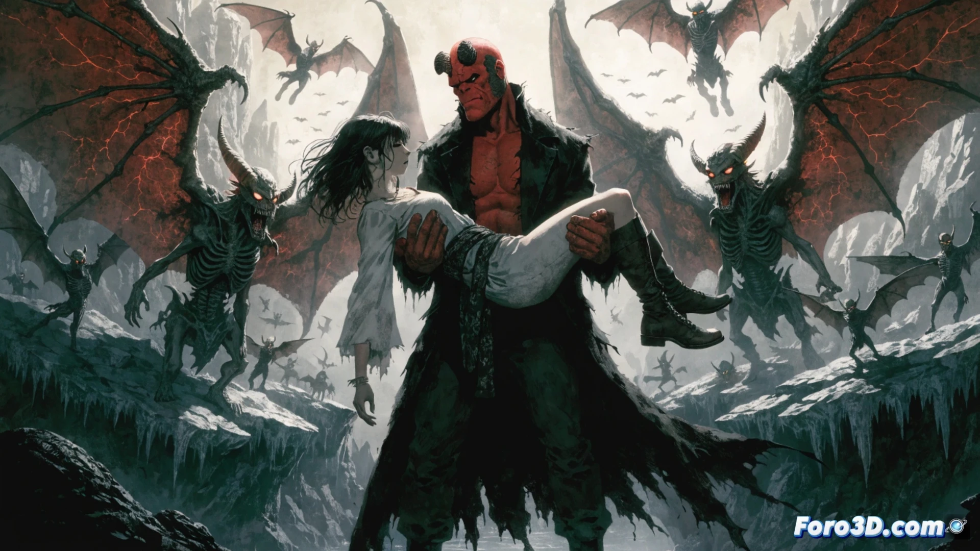 Hellboy luchando contra demonios alados en un paisaje infernal, su brazo derecho de piedra impactando contra una criatura mientras protege a una mujer encadenada, alas rotas y escombros volando durante el combate, llamas anaranjadas iluminando columnas de obsidiana negra, estilo cinematográfico oscuro, texturas de piedra y cuerno ultra detalladas, iluminación dramática con sombras profundas, render técnico fotorrealista, acción congelada en el momento del impacto