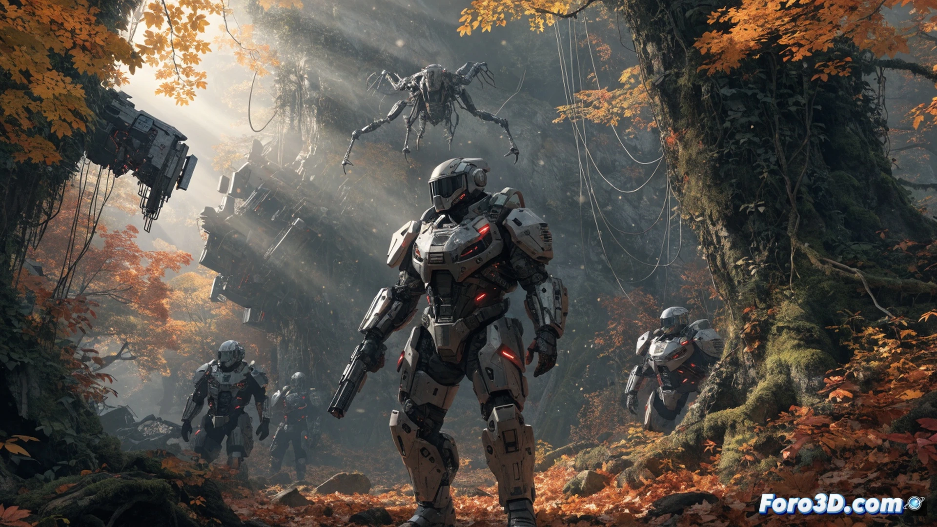 Helldivers 2 soldier in reinforced Exo Suit charging through a dense autumn forest biome, golden leaves swirling around heavy mechanical legs, squadmates advancing behind with rifles raised, alien insectoids erupting from the undergrowth, suit armor plates absorbing multiple projectile impacts without detonating, glowing mission objective markers visible on wrist display, cinematic action shot, dramatic side lighting through tree canopy, photorealistic sci-fi combat render, dynamic motion blur, high-contrast military aesthetic, debris and smoke particles in air