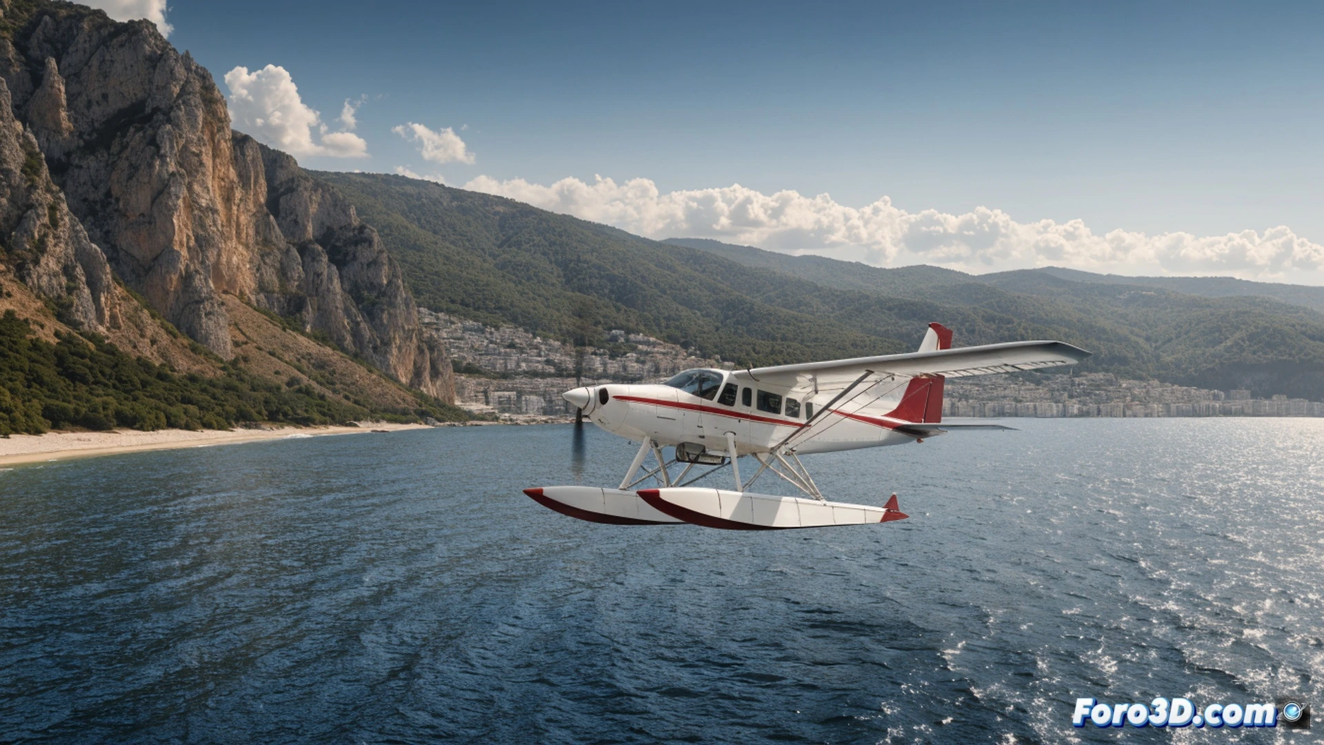 Hellenic Seaplanes Cessna Caravan 208 amphibious aircraft performing water takeoff from Ionian Sea near Ioannina coast, pontoons skimming wave crests while spray arcs behind, cockpit instruments visible through windshield showing navigation display, wing struts and propeller blades in motion blur, distant Albanian shoreline with Vlora bay visible, cinematic photorealistic engineering visualization, golden hour sunlight reflecting off aluminum fuselage, wake turbulence patterns on water surface, ultra-detailed mechanical components, dramatic Mediterranean coastal lighting