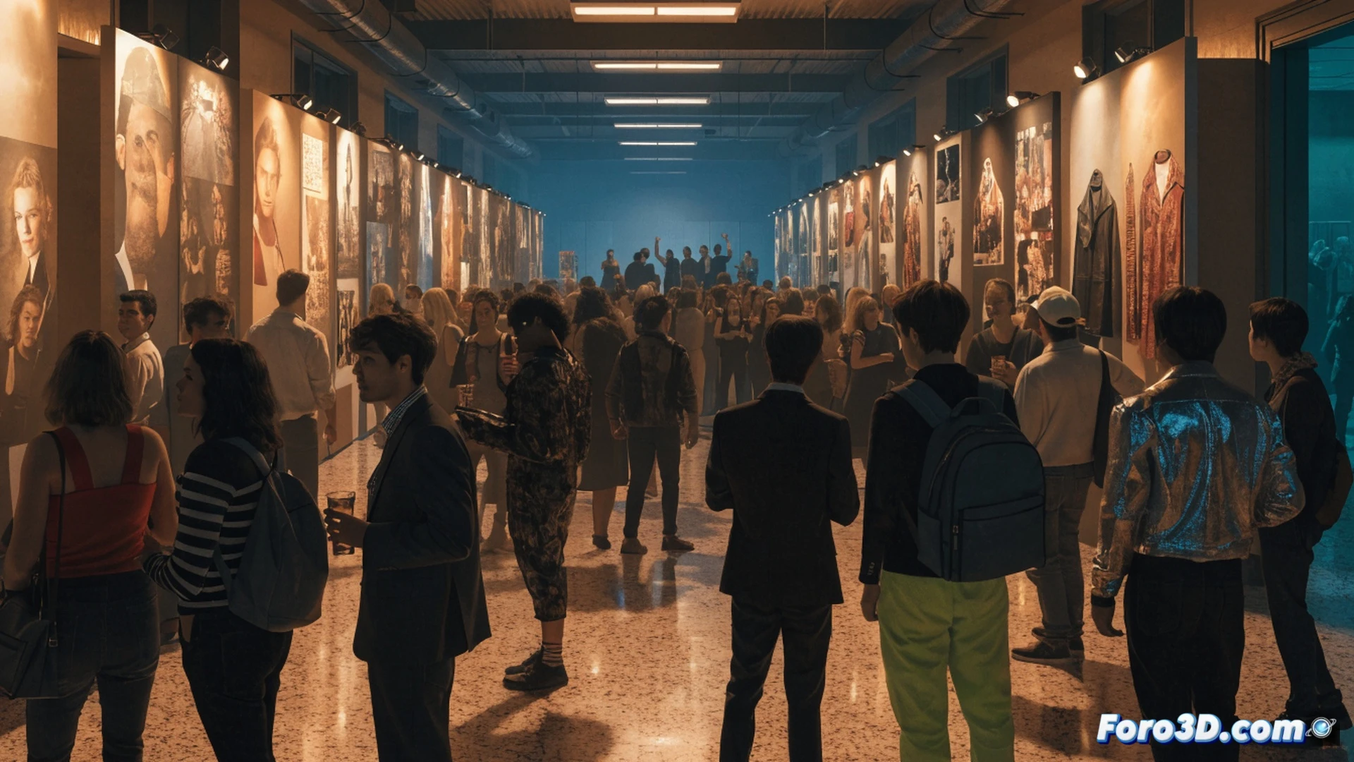 crowded high school hallway transformed into fan convention space, attendees browsing memorabilia tables with wooden stakes and vintage posters, cosplayers in leather jackets posing near a glowing hellmouth prop, technical illustration style, cinematic lighting from fluorescent ceiling panels, dust particles floating in warm air, detailed crowd interaction, nostalgic atmosphere, photorealistic render with engineering precision in architectural details and costume textures