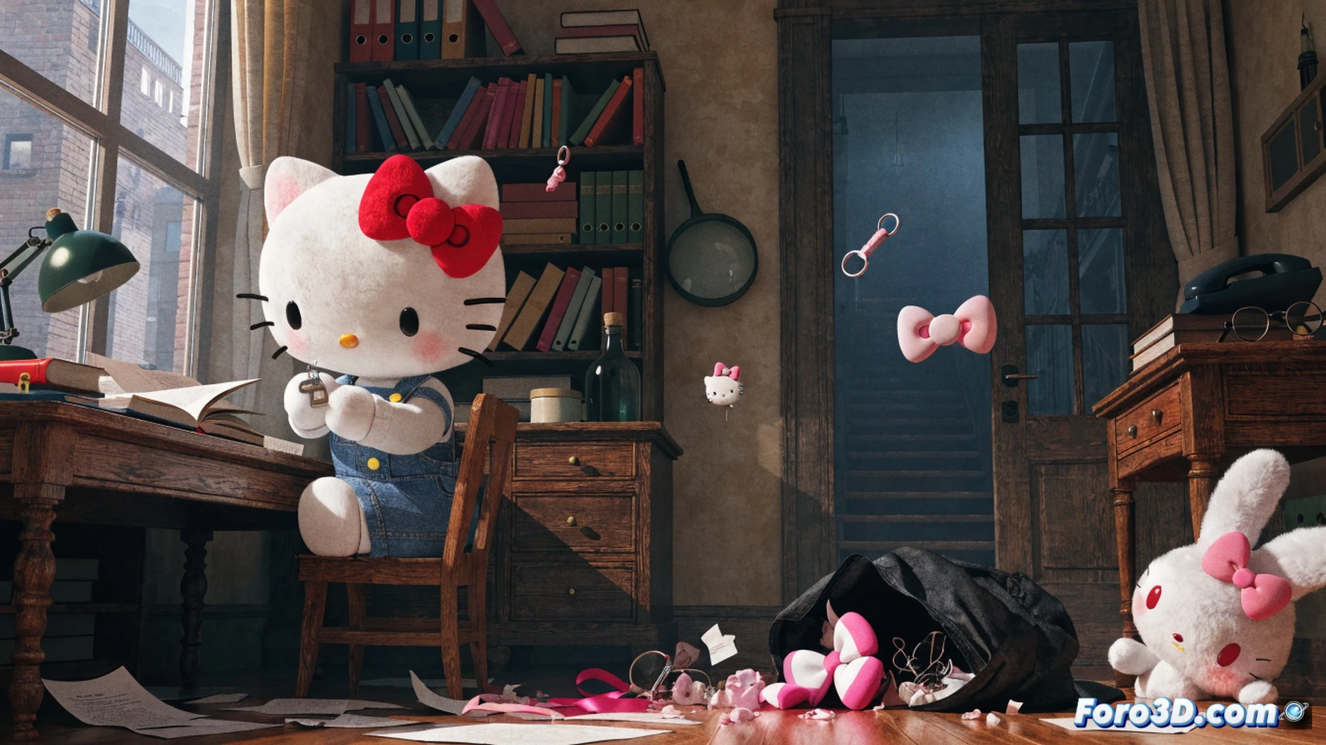 Hello Kitty wearing a detective hat and holding a magnifying glass, examining a scattered pile of colorful hair bows and ribbons on a wooden table, My Melody looking worried nearby, a magnifying glass revealing tiny digital circuit patterns inside a lost bow, cinematic mystery scene with soft spotlighting, warm pastel colors, technical illustration style, glowing evidence markers around the accessories, detailed fabric textures, playful yet investigative mood, photorealistic render, shallow depth of field focusing on the magnifying glass