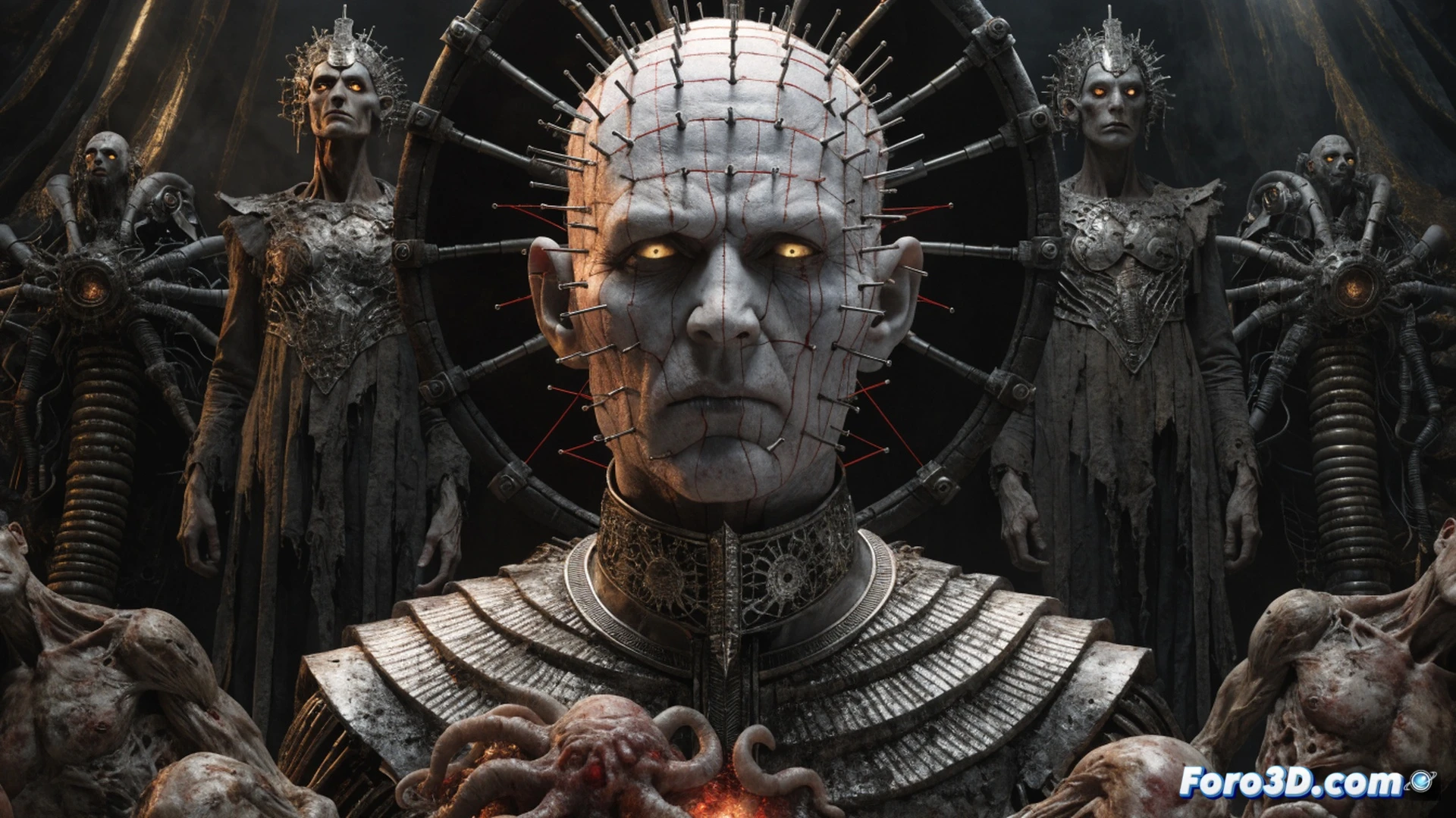 Hellraiser Revival horror scene, a polished dark metallic puzzle box floating mid-air, intricate gears and sliding panels in motion during activation, sharp hooks and chains emerging from shadows toward a human hand reaching out, grotesque cenobite figures emerging from smoke, torn flesh and leather textures, dim red and blue industrial lighting, cinematic horror visualization, photorealistic technical render, ultra-detailed mechanical components and wet organic surfaces, high contrast chiaroscuro, motion blur on chains, dramatic atmosphere