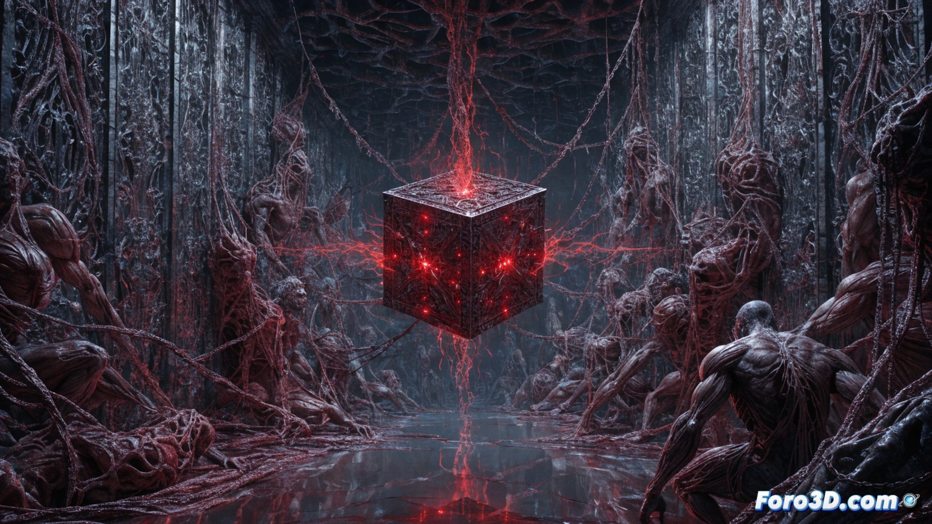 First-person horror game scene inside a dark, industrial warehouse, player hand holding a rusted mechanical puzzle box with glowing metallic edges, bloodstained chains emerging from the box and wrapping around a wooden workbench, a vintage computer monitor displaying corrupted schematic diagrams, flickering fluorescent lights above, dust particles suspended in air, cinematic photorealistic horror visualization, dramatic chiaroscuro lighting, ultra-detailed textures on chains and box, subtle motion blur from the box slowly rotating, technical illustration style with mechanical precision