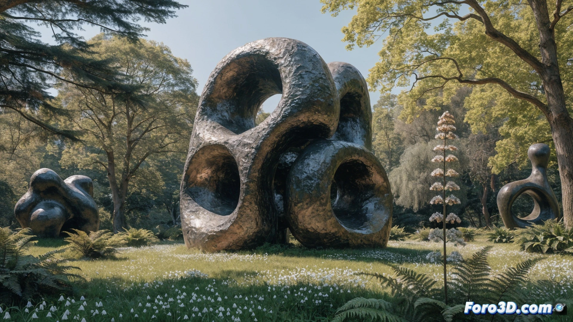 Monumental bronze sculpture by Henry Moore in sunlit Kew Gardens, organic curved forms contrasting with manicured green lawns, family visitors walking around the base while children reach toward the smooth metallic surface, soft shadows cast across textured bronze patina, blooming flowerbeds framing the artwork, distant Victorian glasshouse visible through tree branches, cinematic photorealistic rendering, golden hour natural lighting, depth of field blurring background foliage, ultra-detailed bronze oxidation patterns, immersive landscape composition demonstrating harmonious integration of art and nature