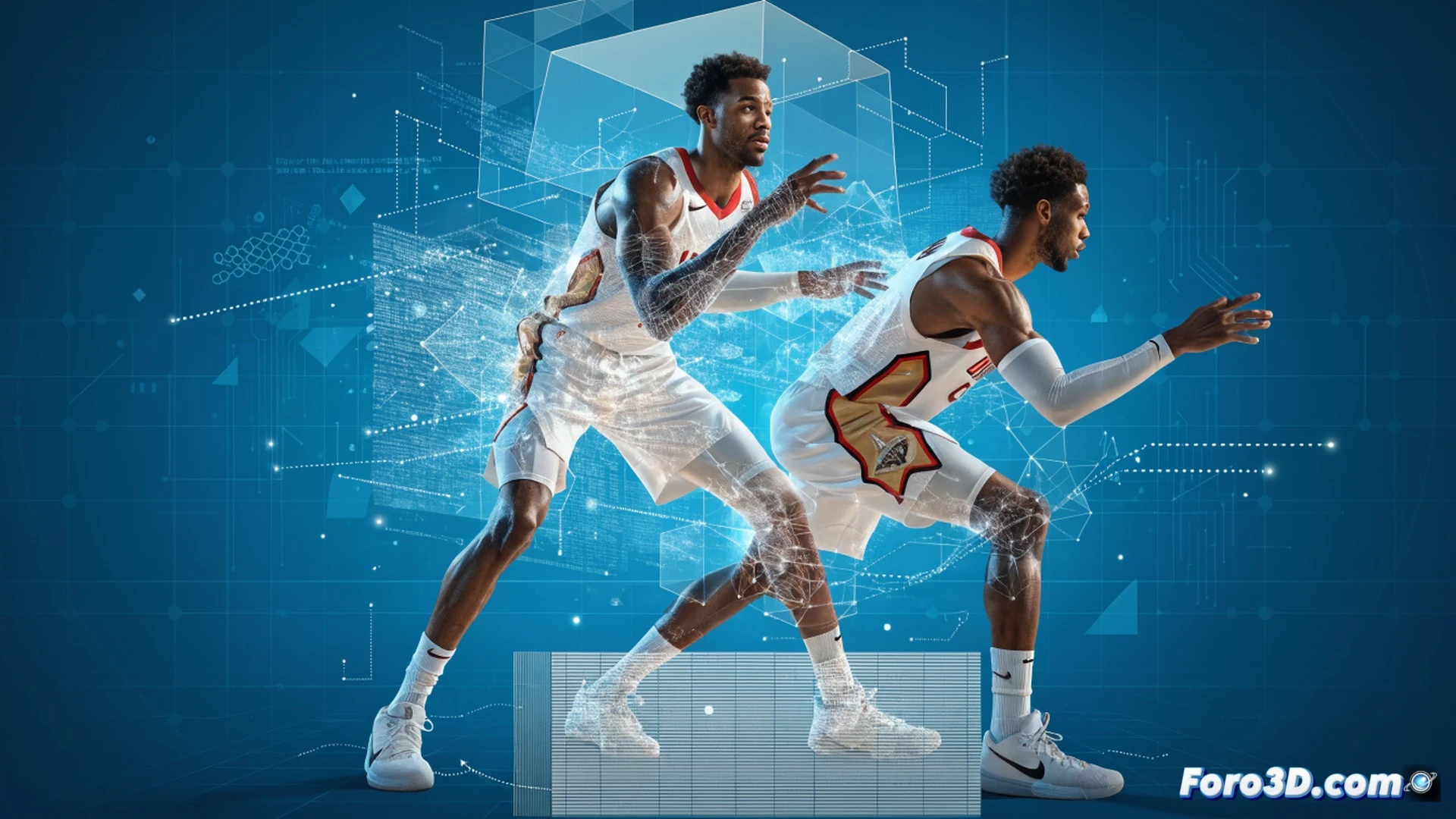 basketball court defensive stance, Herbert Jones mid-air contesting a shot, arm extended upward blocking trajectory, glowing analytical lines tracing his movement path and predictive positioning, internal processor visualisation with data streams flowing from his eyes to hands, technical illustration style, photorealistic skin texture, muscle tension visible, sweat droplets frozen in motion, opponent blurred in background, court floor reflecting dramatic spotlight, blue and gold team colours, ultra-detailed biomechanical overlay with joint angles and force vectors, cinematic sports engineering render