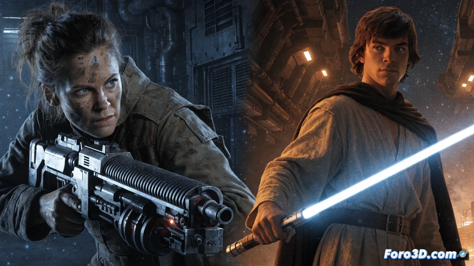 Ellen Ripley en traje de carga industrial enfrentándose a un alienígena biomecánico en el hangar de una nave espacial destrozada, mientras Luke Skywalker blande un sable de luz azul contra un droide de combate en una base rebelde con paneles de control humeantes, mostrando la acción de dos héroes luchando por un futuro, estilo cinematográfico fotorrealista, iluminación dramática con destellos de plasma y humo metálico, detalles técnicos en armaduras y circuitos, contraste entre oscuridad alienígena y luces de la Alianza Rebelde
