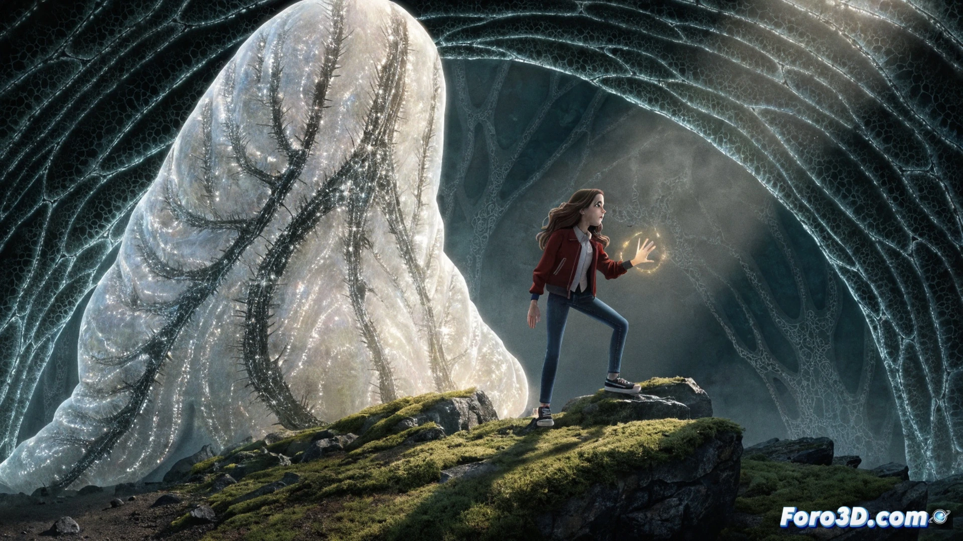 adolescent girl with glowing blue hands casting a spell in a magical forest, floating runes and geometric symbols swirling around her while a glowing portal opens behind her, enchanted vines and glowing flowers reacting to her magic, cinematic fantasy visualization, soft ethereal lighting, particle effects of sparkling dust, Hailee Steinfeld character design, photorealistic magical realism, deep forest greens and purples, dynamic pose showing self-discovery moment, ultra-detailed magical atmosphere