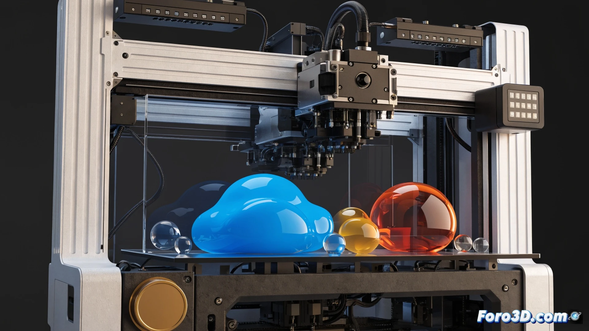 A compact desktop 3D printer actively printing a multi-coloured geometric vase, filament spools in cyan magenta yellow and white feeding into a mixing print head, a sliced digital model displayed on a nearby laptop screen showing colour gradients, a small unpainted prototype figure beside the printer demonstrating surface detail, photorealistic engineering visualization, clean studio lighting, glossy mechanical components, subtle motion blur on the cooling fan, ultra-detailed nozzle and build plate texture, technical illustration style
