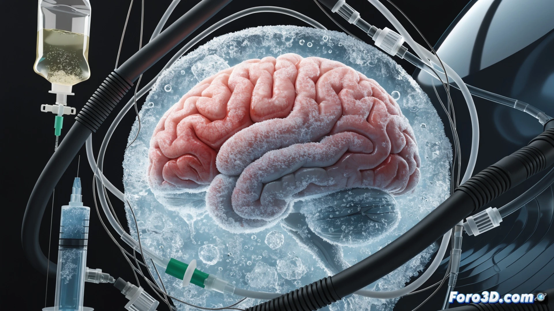 human brain neuron network during induced hibernation therapy, cooling device with blue LED indicators attached to patient skull, microscopic view of neural cells transitioning to protective metabolic state, icy frost forming on synaptic connections, cerebral blood vessels constricting slowly, photorealistic medical illustration, cinematic lighting with cold blue tones, clinical white background, detailed anatomical structures, glowing thermal gradient visualization, scientific accuracy, high contrast between active and dormant neurons, ultra-realistic tissue textures, dramatic shadows emphasizing cellular preservation process
