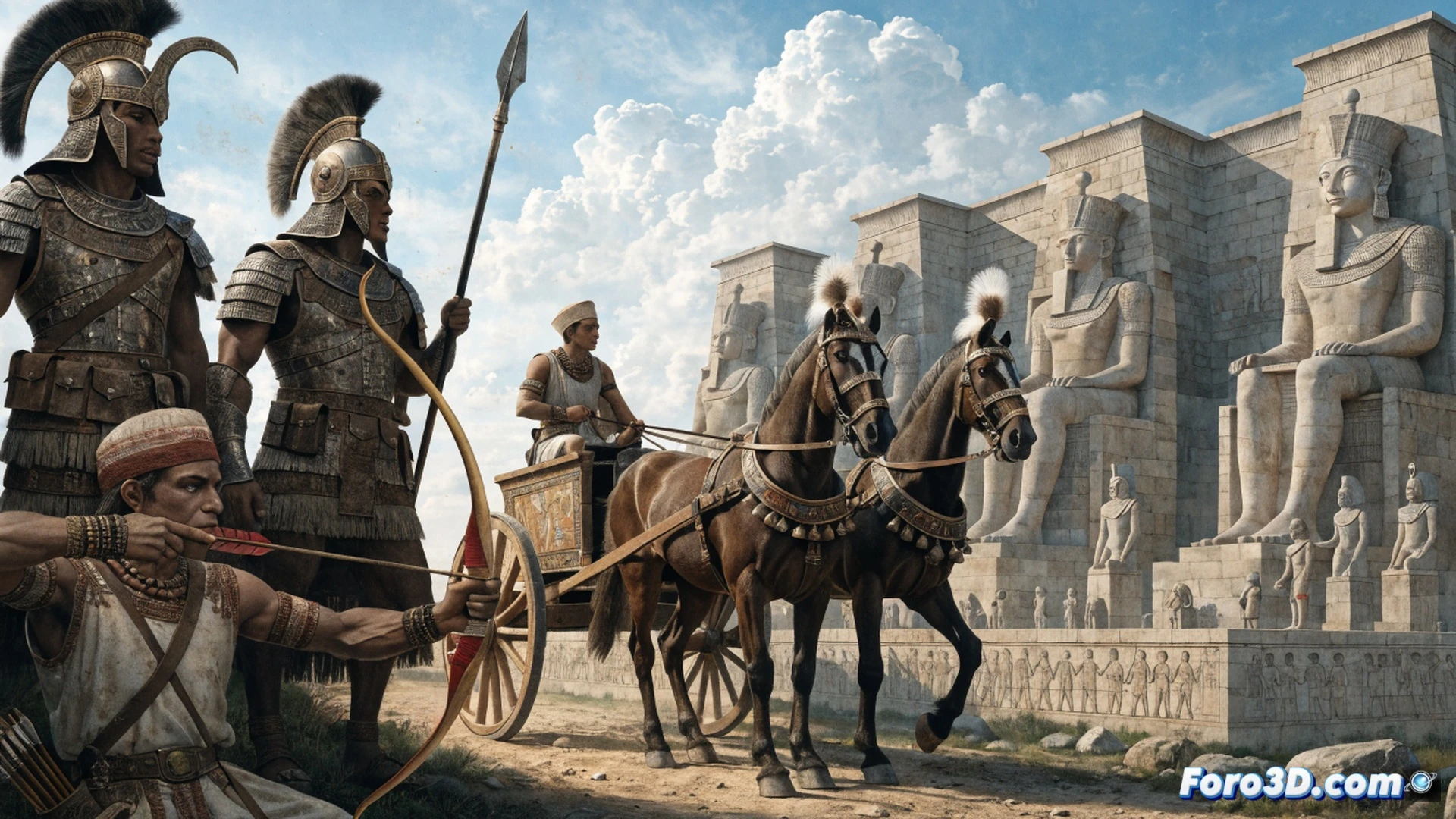 ancient Egyptian battlefield during the Second Intermediate Period, a Hyksos warrior driving a horse-drawn chariot at full speed, wielding a composite bow while an Egyptian soldier falls backward, dust clouds rising from galloping hooves, bronze arrow tips piercing linen armor, chariot wheels splashing through Nile mud, sunlight glinting off wooden spokes and leather harness, dramatic cinematic lighting with golden sand particles suspended in air, photorealistic historical visualization, intense action sequence showing military technology transfer, ultra-detailed texture on bow limbs and chariot frame, motion blur on horse manes and flying sand, warm desert color palette with deep shadows