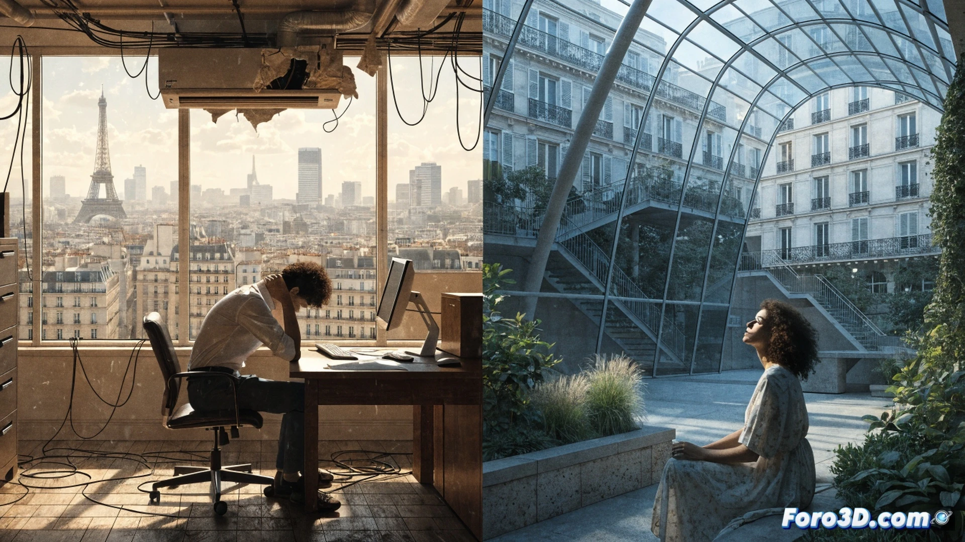photorealistic scene of a Parisian public building with open doors revealing a cool shaded interior, elderly woman fanning herself while entering, outdoor thermometer showing extreme heat, a wall-mounted AC unit disconnected and covered with a dust cloth, municipal workers installing reflective film on windows, electric fans circulating air inside, no visible text or numbers, cinematic lighting contrasting hot golden exterior with cool blue interior, technical illustration style emphasizing passive cooling process, demonstrating adaptive habit shift