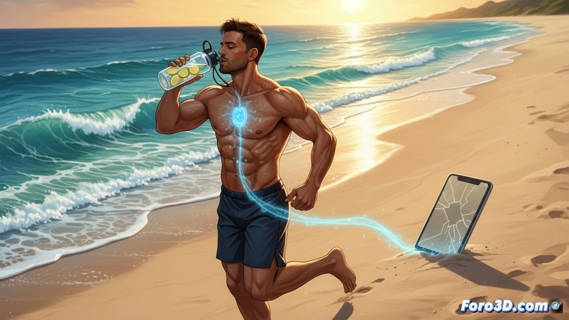 photorealistic scene of a person sitting at a computer desk, programming on a dual-monitor setup, one hand typing on a mechanical keyboard, the other hand reaching for a transparent water bottle with condensation droplets, a digital wristwatch showing dehydration warning icon on screen, subtle heat haze effect around the body, sweat droplets forming on the forehead, a glass of water with ice cubes and mint leaves on the desk, soft summer sunlight streaming through a window, ergonomic office chair, technical engineering visualization style, cinematic lighting, ultra-detailed skin texture, hyperrealistic materials, dramatic shadows, demonstrating the silent process of dehydration during focused work