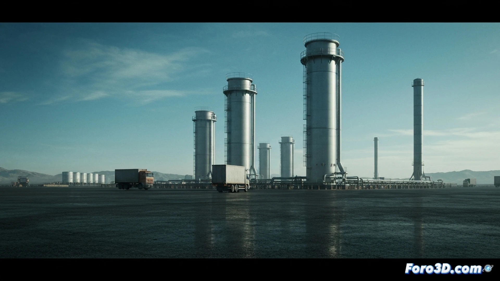 large hydrogen storage tank with visible condensation and rust forming on its surface, a fleet of idle heavy trucks parked in a foggy industrial yard, supply chain pipeline connectors lying disconnected on wet concrete, empty fueling station with dormant dispensers and warning tape, cinematic engineering visualization, cold blue-gray lighting, decaying infrastructure, abandoned logistics hub atmosphere, photorealistic technical render, ultra-detailed metal textures, droplets on pipes, gloomy overcast sky, sense of halted progress