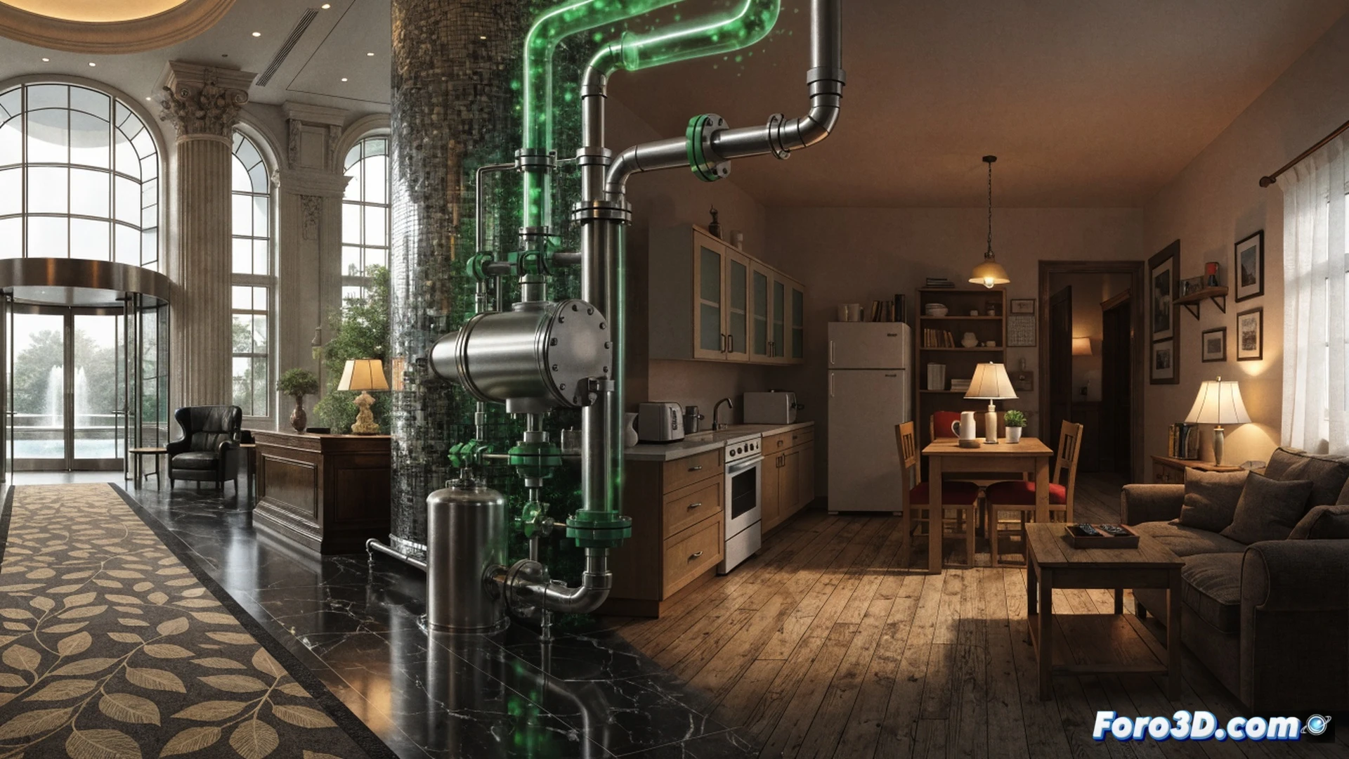luxury hotel facade with a large hydrogen fuel cell unit glowing green in the basement, a manager pointing at a sleek sustainability plaque on the wall, while a family in a working-class neighborhood struggles to install a solar panel on a cracked roof, tangled cables and a broken inverter on the ground, a utility worker shaking his head at a denied permit, cinematic photorealistic style, dramatic contrast between polished glass hotel and weathered brick homes, visible technical components: hydrogen piping, solar inverter, mounting brackets, realistic lighting with harsh shadows, ultra-detailed textures, engineering visualization