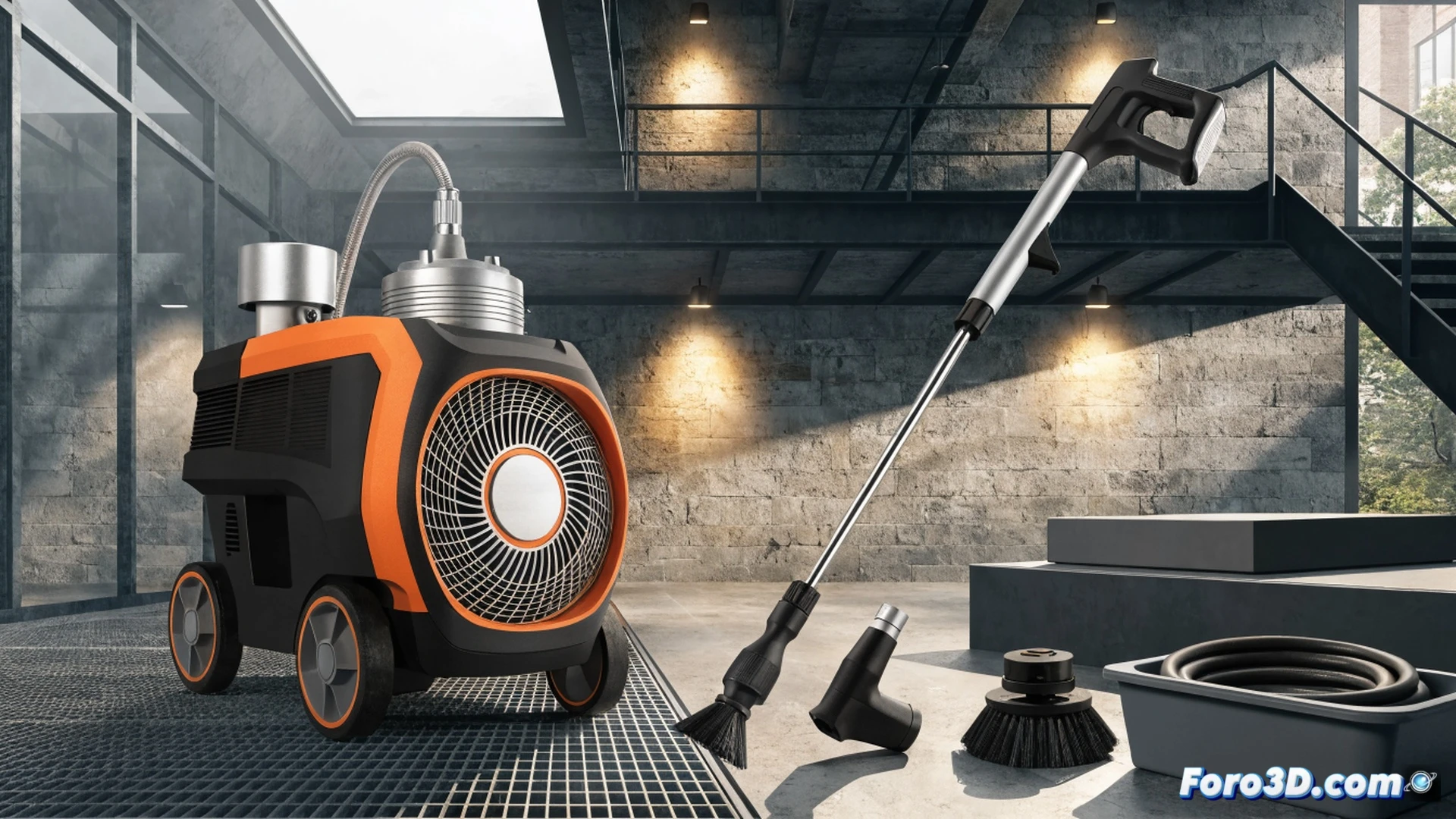 Parkside 2400W pressure washer spraying high-pressure water jet onto a moss-covered stone terrace, removing green stains and dirt in a sweeping motion, water splashing against a car tire and wheel arch, demonstrating cleaning action without manual scrubbing, technical illustration style, realistic industrial lighting, bright outdoor scene, metallic nozzle close-up, high-speed water droplets visible, dramatic contrast between clean and dirty surfaces, photorealistic product visualization