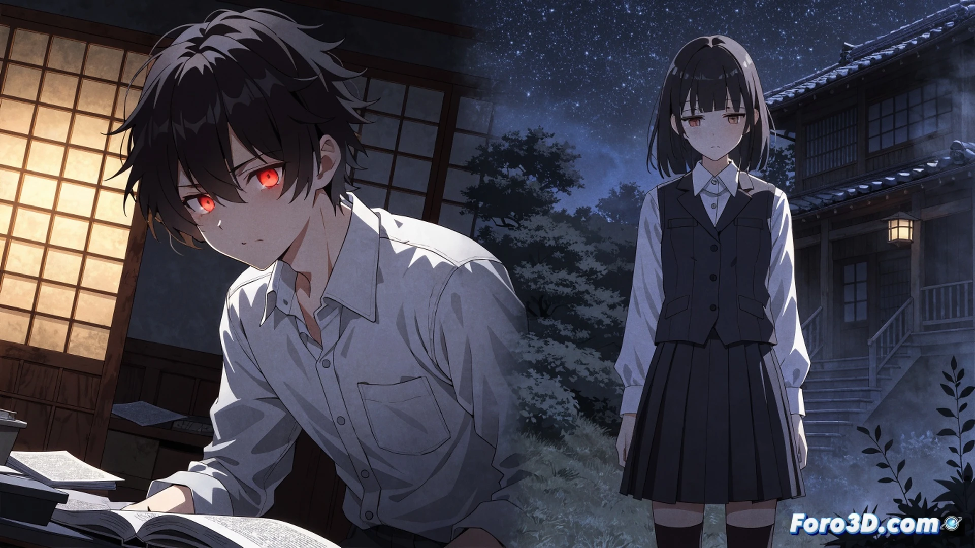 animated scene of Hinamizawa village at dusk, traditional wooden buildings and red torii gates casting long shadows, a group of four schoolgirls in summer uniforms standing in a circle under a large tree, one girl holding a glowing smartphone displaying a new anime announcement interface, another girl pointing at a retro TV monitor flickering with static showing Studio Deen logo, cicada shells scattered on the ground, dramatic cinematic lighting with warm orange sunset contrasting cool blue shadows, photorealistic anime-style render, high detail on character expressions showing anticipation and unease, subtle mist rising from the river, technical illustration of a vintage CRT television emitting faint light, action of girls reacting to the broadcast, nostalgic horror atmosphere