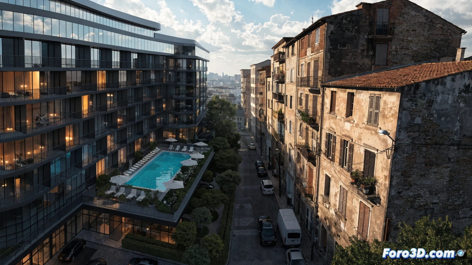 luxury hotel construction site in saturated urban neighborhood, crane lifting glass panel onto steel frame of rooftop infinity pool, workers installing glossy facade while old residential buildings loom behind, dust rising from demolition of adjacent housing, architectural blueprints and 3D model of Hilton Cabanyal visible on tablet held by engineer, photorealistic cinematic visualization, stark contrast between polished new structure and weathered local homes, dramatic evening lighting casting long shadows, hyper-detailed textures of concrete and glass, technical illustration style