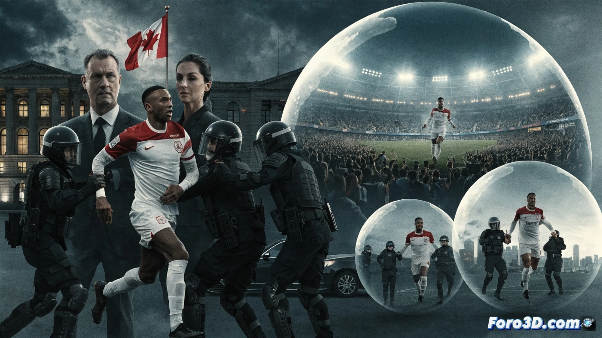 Two contrasting border control booths side by side, one Canadian with a red maple leaf blocking a soccer player in team uniform holding a trophy, the other US booth waving him through with a green light, passport with visible visa stamp being handed back, security monitors displaying facial recognition scans, cinematic photorealistic style, dramatic lighting with cold blue and warm amber split tones, action of rejection and acceptance happening simultaneously, detailed immigration counter with biometric scanner, airport terminal background with blurred crowds, tense atmosphere emphasizing unequal justice