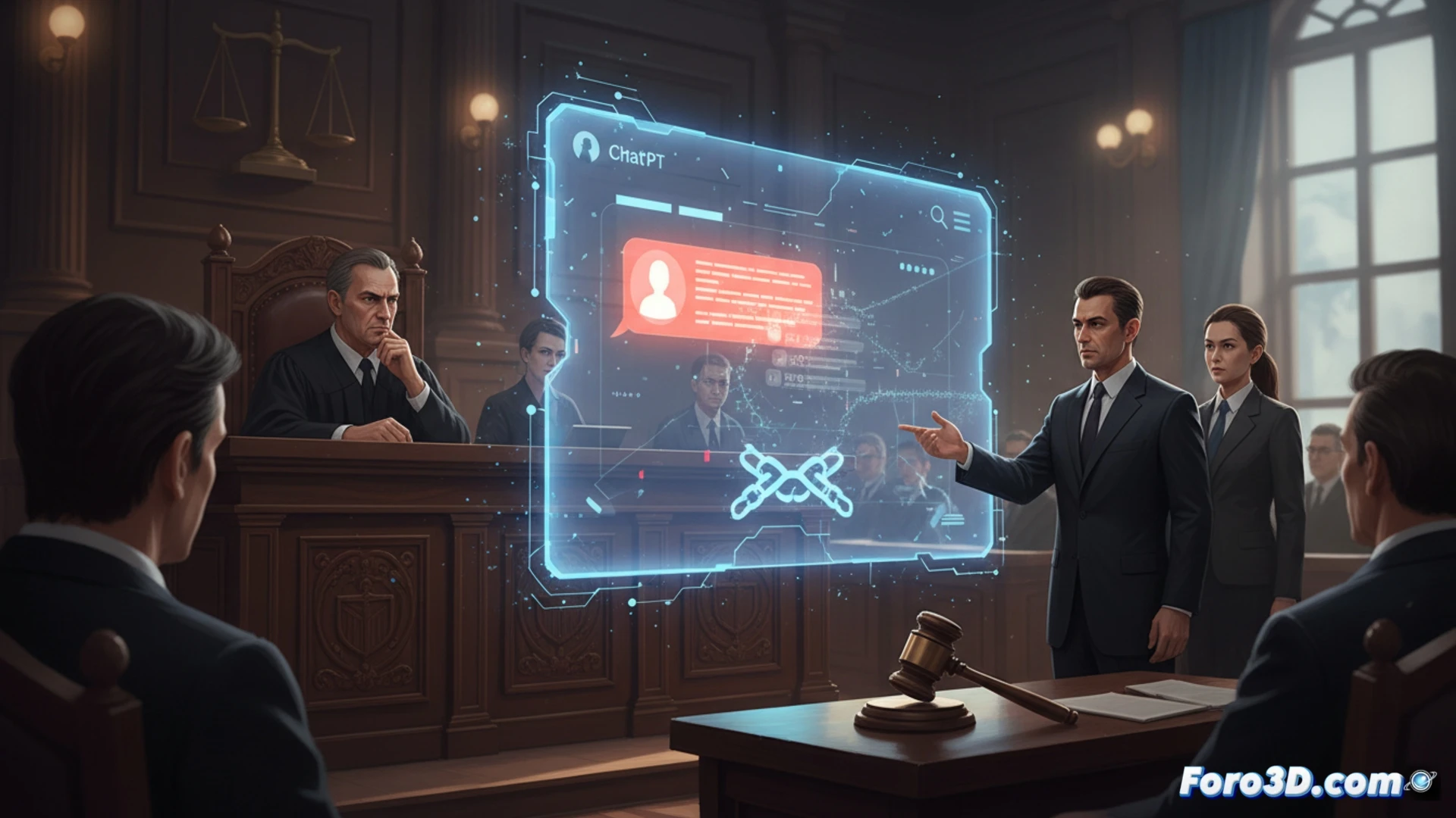 photorealistic courtroom scene showing a laptop screen displaying ChatGPT chat logs as evidence, judge pointing at highlighted extortion messages on screen, prosecutor gesturing toward the monitor, defense attorney reviewing printed chat transcripts, gavel on wooden desk, courtroom bench with digital evidence markers, cinematic lighting from overhead lamps, dark wood paneling, subtle blue glow from laptop screen, ultra-detailed legal environment, technical illustration style