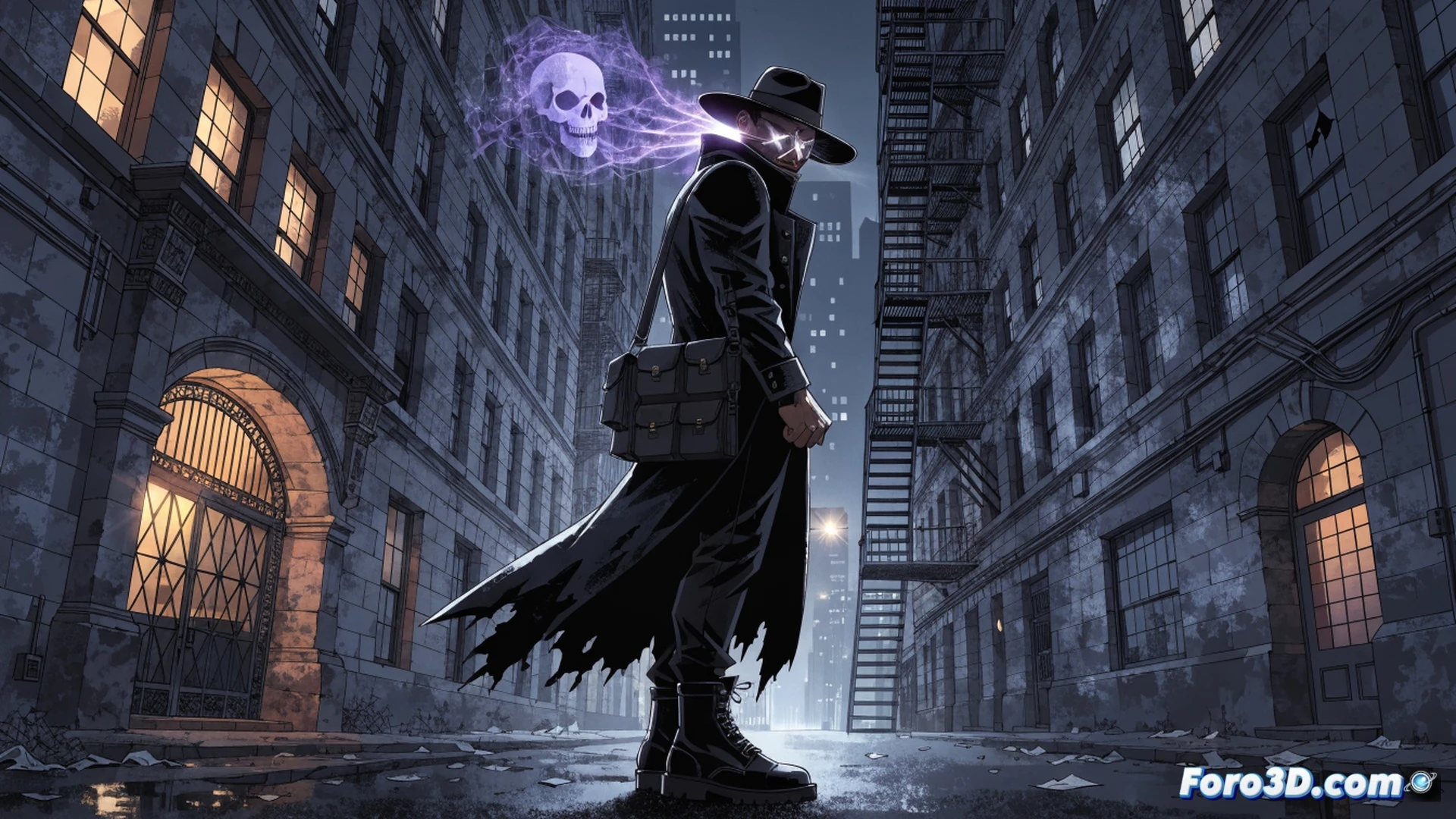 Gotham City rooftop at night, Tommy Monaghan crouching behind an air conditioning unit, aiming a silenced pistol through a broken window, his eyes glowing faintly red indicating x-ray vision and telepathic focus, Batman’s silhouette appearing on a distant ledge, rain-soaked concrete and steam rising from vents, cinematic noir style, gritty photorealistic illustration, dramatic side lighting from neon signs, wet surfaces reflecting city lights, tense action frozen mid-motion, ultra-detailed textures on leather jacket and weapon, dark blue and yellow color palette, high-contrast shadows.