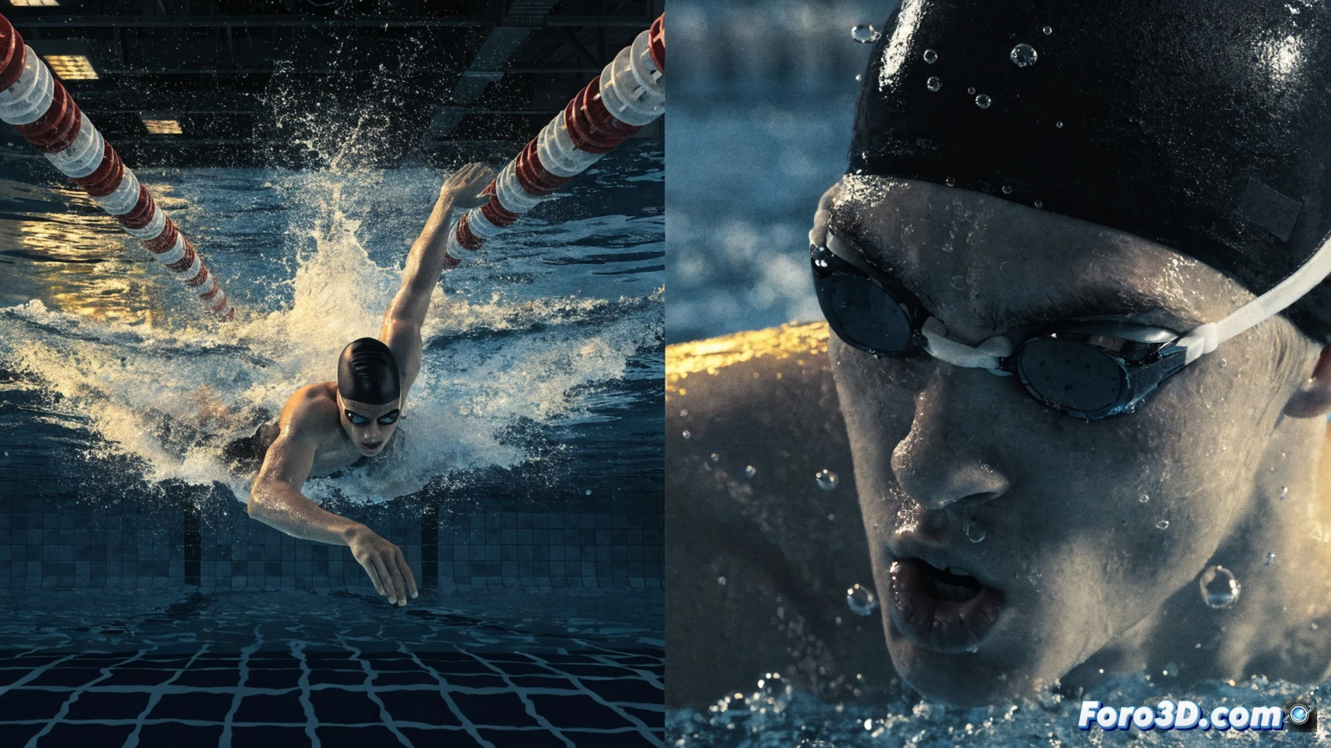 young male swimmer in motion, mid-stroke during 100m freestyle race, water splashing around his arms and face, swim cap and goggles visible, lane ropes and wave turbulence in pool, digital race clock showing 47.72 seconds, starting block in background, photorealistic cinematic sports photography, dramatic under-lighting from pool water, sharp focus on athlete's muscular shoulders and arm extension, motion blur on water droplets, high contrast blue tones, Olympic-level competition atmosphere, technical swimwear texture visible