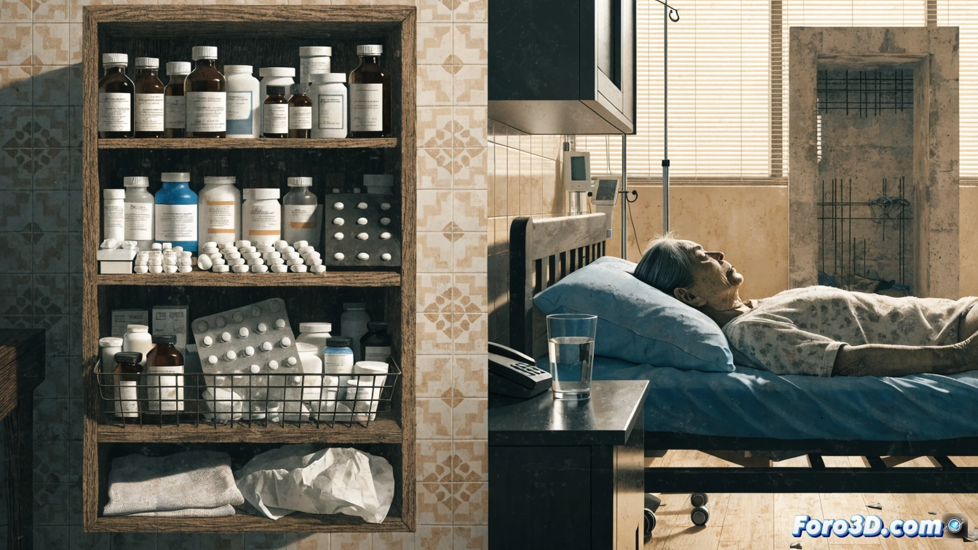 Windsor nursing home exterior facade showing cracked plaster and rusted handrails, a wheelchair-bound elderly person waiting near a broken elevator door with out of order sign, a nurse holding a pill bottle and clipboard with medication error marks, family members inspecting inspection documents under fluorescent lights, cinematic photorealistic technical illustration, dramatic shadows from harsh corridor lighting, peeling paint textures, clinical sterile environment with visible wear, realistic medical equipment details, emotional tension in the scene, ultra-detailed architectural decay, engineering visualization of facility neglect