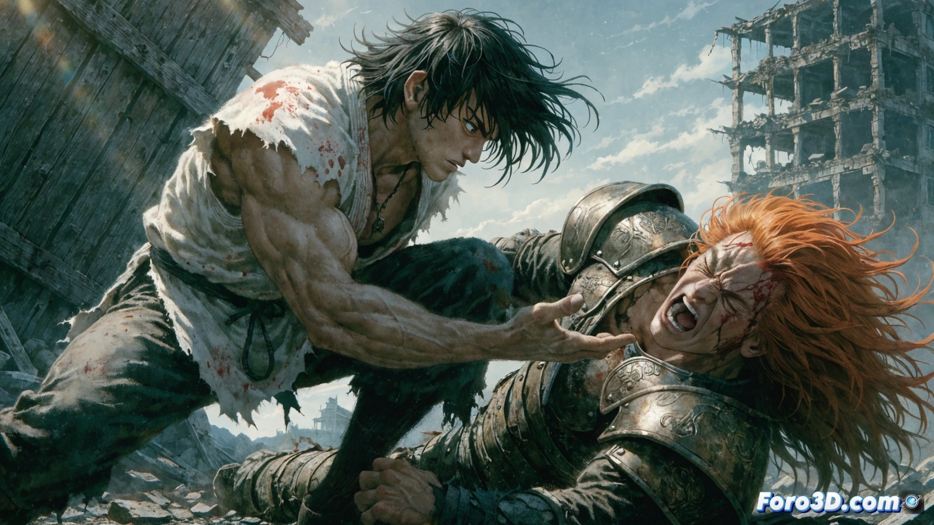 male martial artist in torn red vest performing pressure point strike on armored thug, body exploding from within with internal energy bursts, post-apocalyptic wasteland with destroyed buildings and rusted vehicles, cinematic action shot, dust particles suspended in air, dramatic side lighting, muscular anatomy visible through ripped clothing, shockwave ripples emanating from impact point, debris flying outward, gritty texture, dark storm clouds overhead, photorealistic technical illustration, intense motion blur on fists, glowing red energy lines tracing internal damage paths