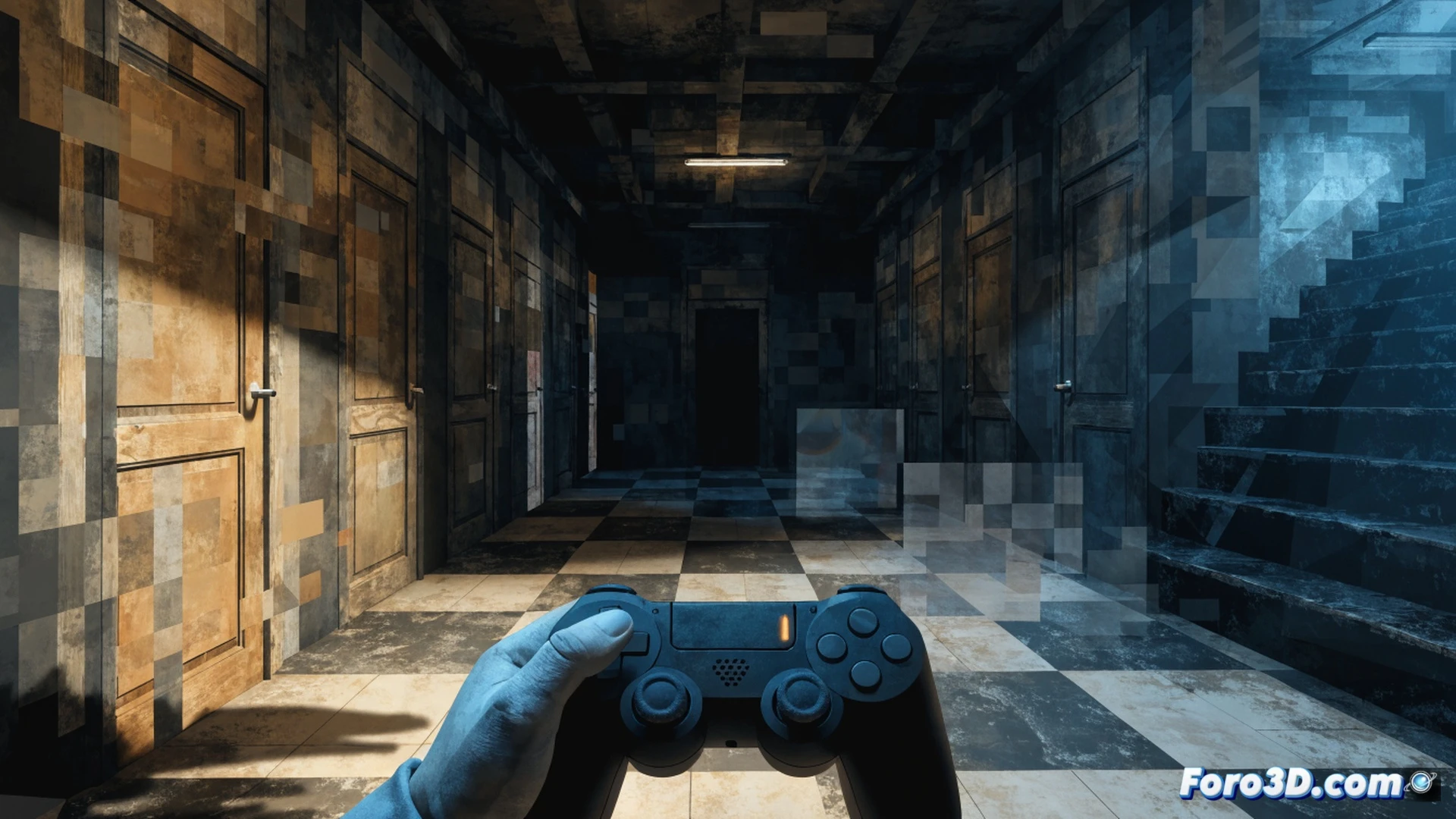 PlayStation 1-era survival horror scene, a character with blocky polygon hands fumbles with a flashlight while a fixed camera angle cuts off half the room, low-resolution textures blurring a dark corridor, a zombie enemy clipping through a doorframe, tank controls causing the character to awkwardly strafe into a wall, cinematic retro game technical visualization, grainy CRT screen aesthetic, pixelated fog, jittery vertex movement, nostalgic glitch artifacts, dramatic shadow dithering, photorealistic render of a vintage game engine environment